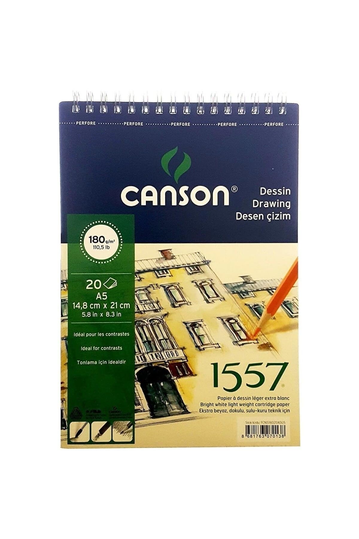 Canson 1557 Resim Ve Çizim Blok 180Gr A5 20Yp Üstten Spiralli Resim Defteri