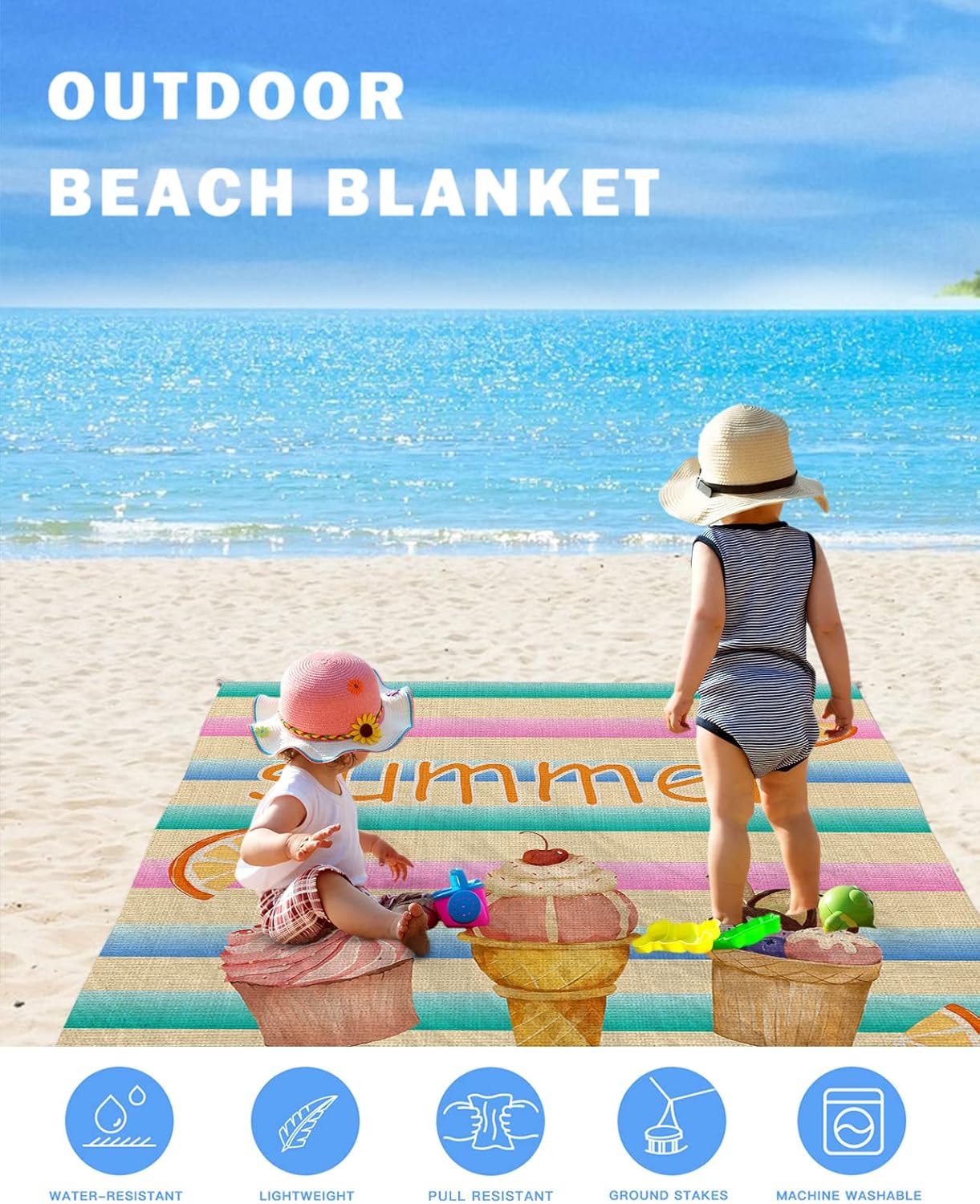Summer Ice Cream Sweet Cake Orange Beach Blanket Waterproof Sandproof Outdoor Picnic Mat 118"x108" Colorful Retro Stripes Lightweight Large Beaach Blankets with 4 Stake & 4 Corner Pockets