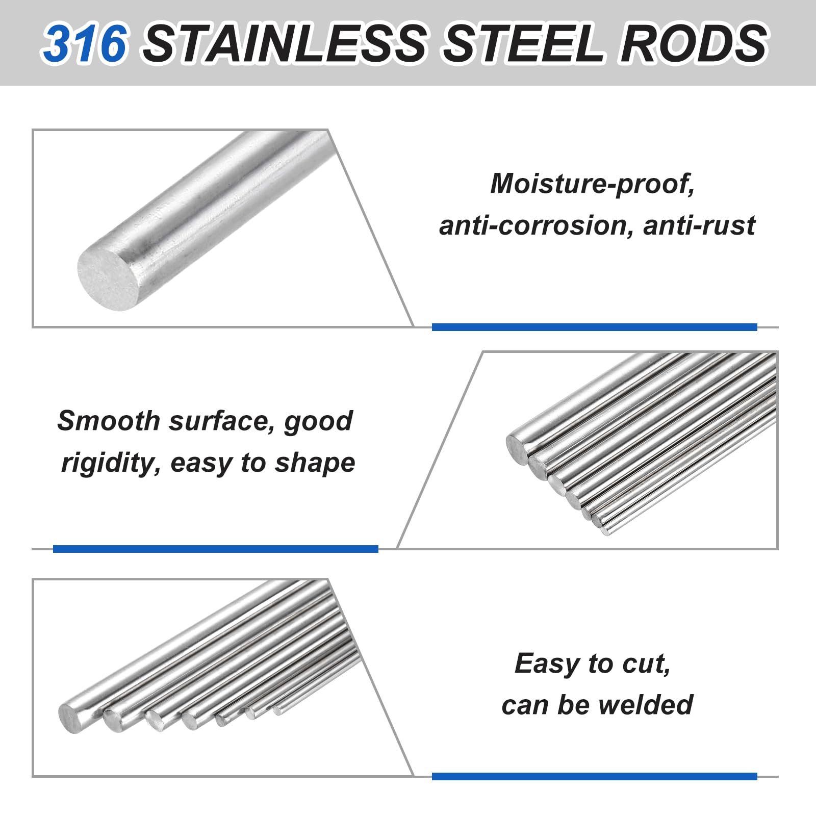 QUARKZMAN 4Pcs 316 Acciaio Inossidabile Asta Rotonda 1/8" x 11.8" 3mm x 300mm Barre Metallo Solido Resistente Alla Corrosione