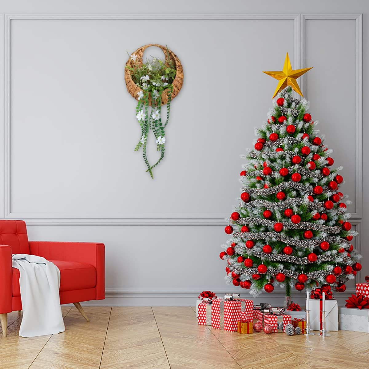 22inch Artificial Handing Plants for Wall Art Decor,Greenery Wall Decorations,Ivys Succulents Greenerys with Flower Baskets for Home,Farmhouse,Indoor,Porch,Room,Garden Decoration