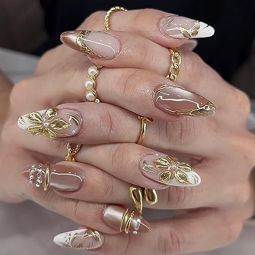 Medium Almond Acrylic Nude White Ombre False Nails for Women