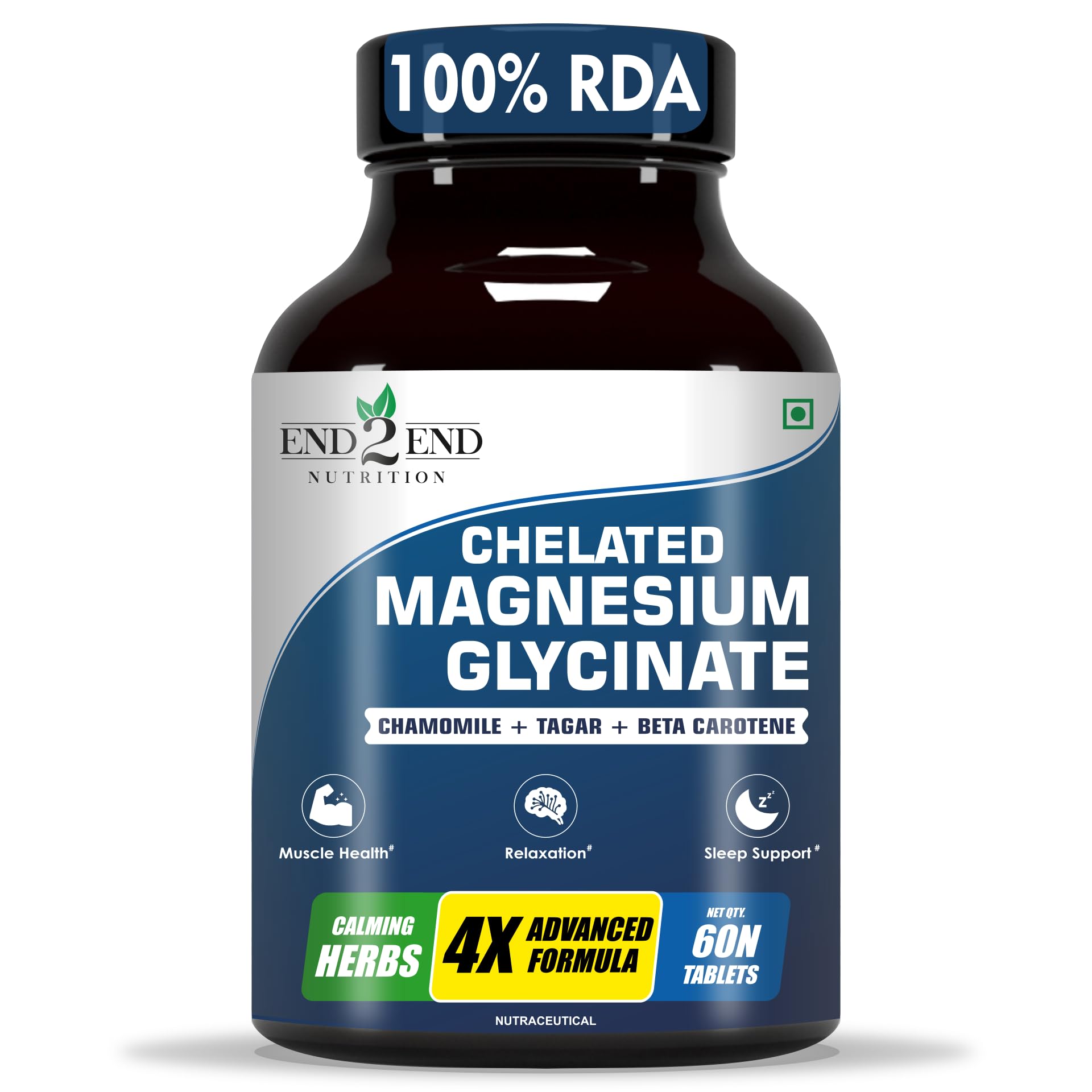 End2End Nutrition Magnesium Glycinate with Chamomile, Tagar, Beta Carotine and Vitamin B6 | High Absorption Magnesium Supplement Supports Better Sleep & Muscle Recovery - 60 Tablets-image-6