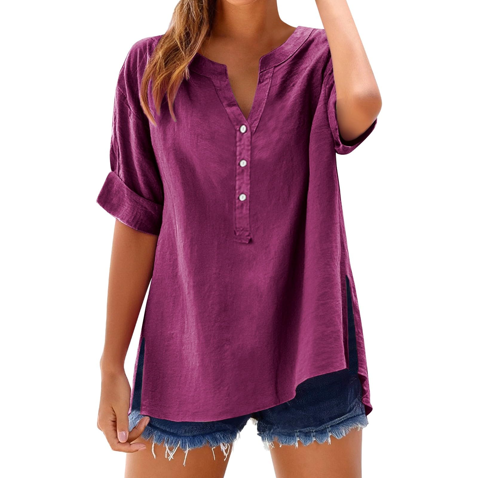 Linen Tops for Women Summer Work Shirts Trendy Button Down Plus Size V Neck Boho Clothes Spring Tops for Women 2025