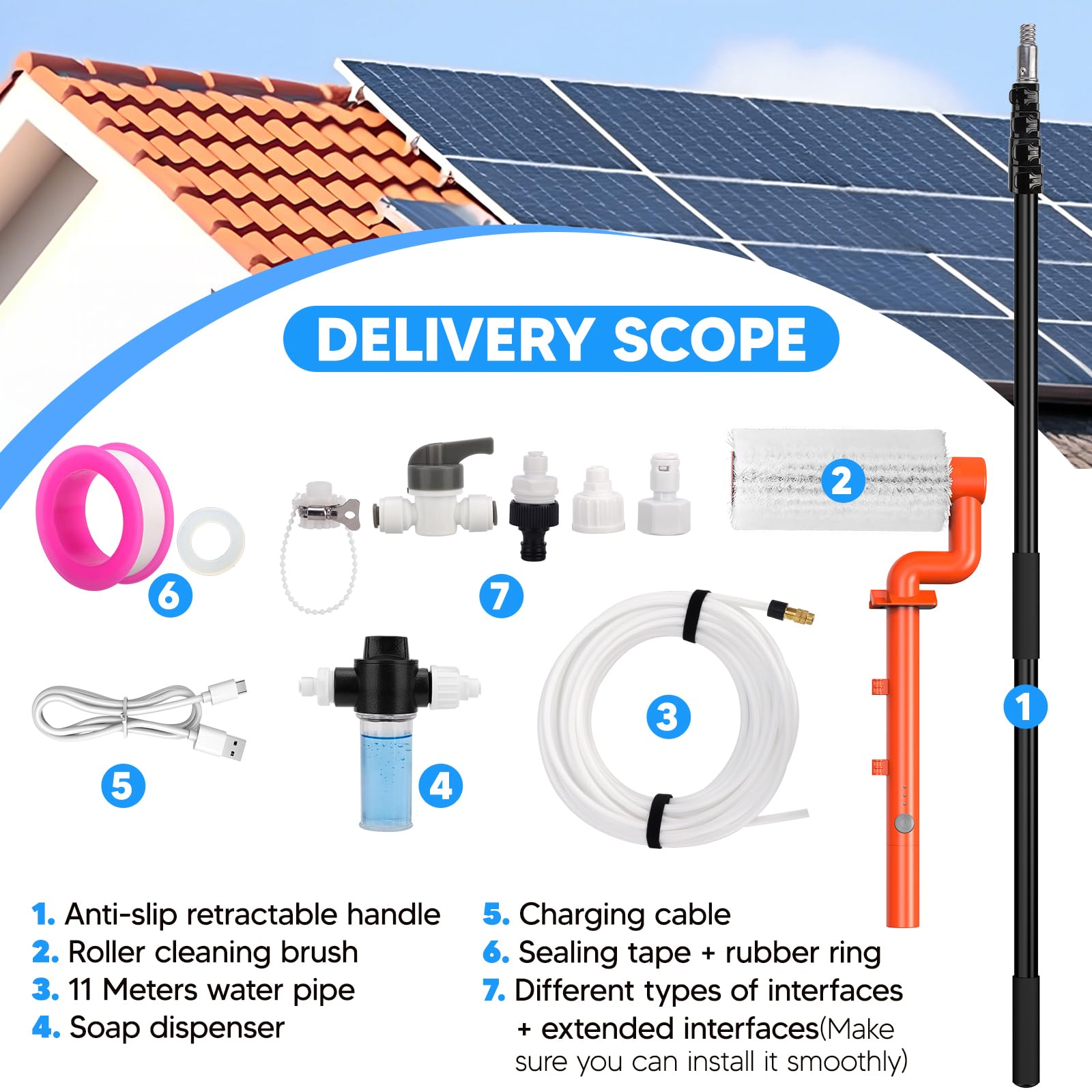 Brosse de Lavage électrique télescopique de 6,5 m - Brosse de Nettoyage électrique à Rouleau avec raccord de Tuyau pour systèmes PV, fenêtres, toits de terrasse et Nettoyage des serres