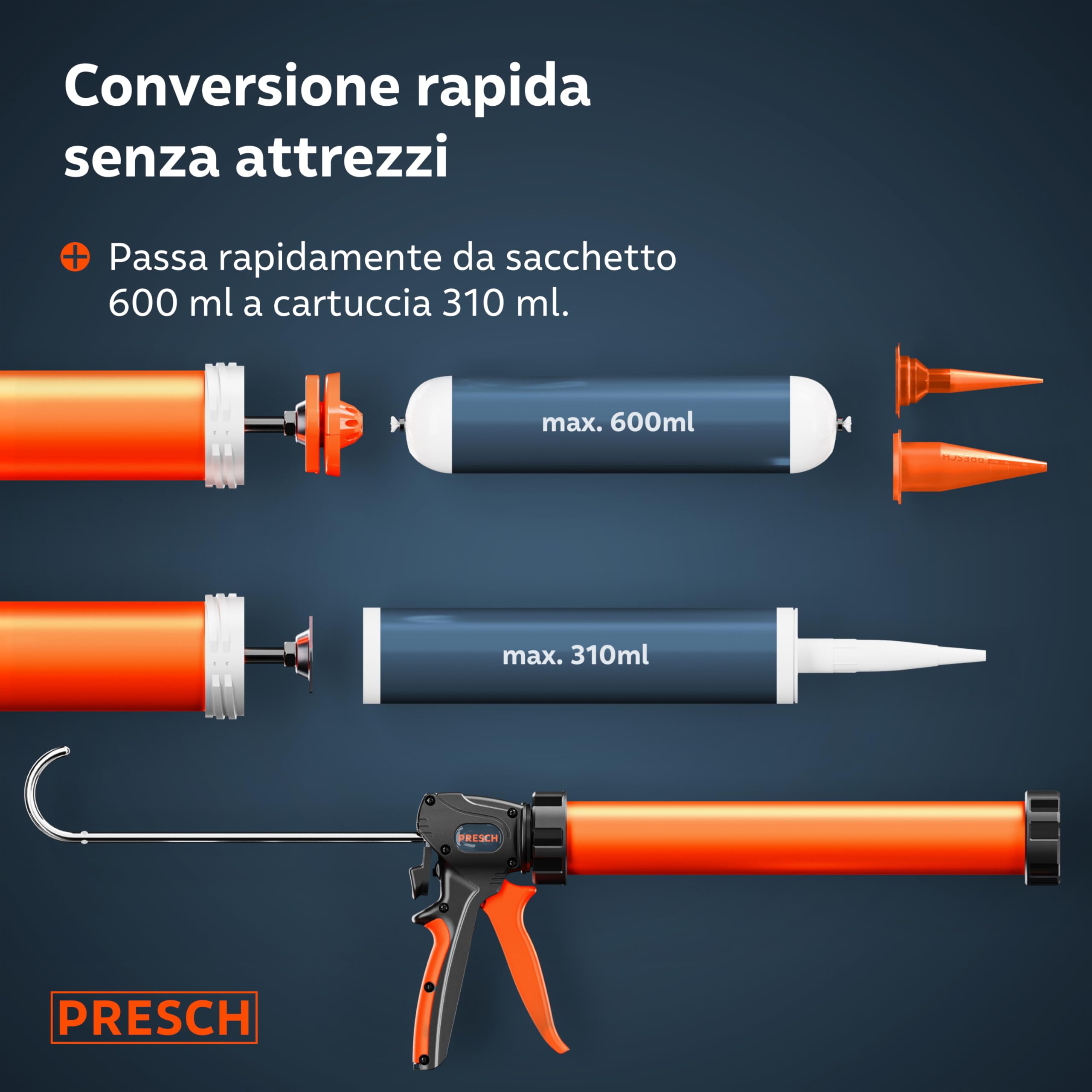 Presch Pistola Silicone 600ml con 2 ugelli – Rapporto 24:1 & 12:1 per sigillanti e adesivi (acrilico) – Pistola per sacchetti girevole 360° con impugnatura antiscivolo