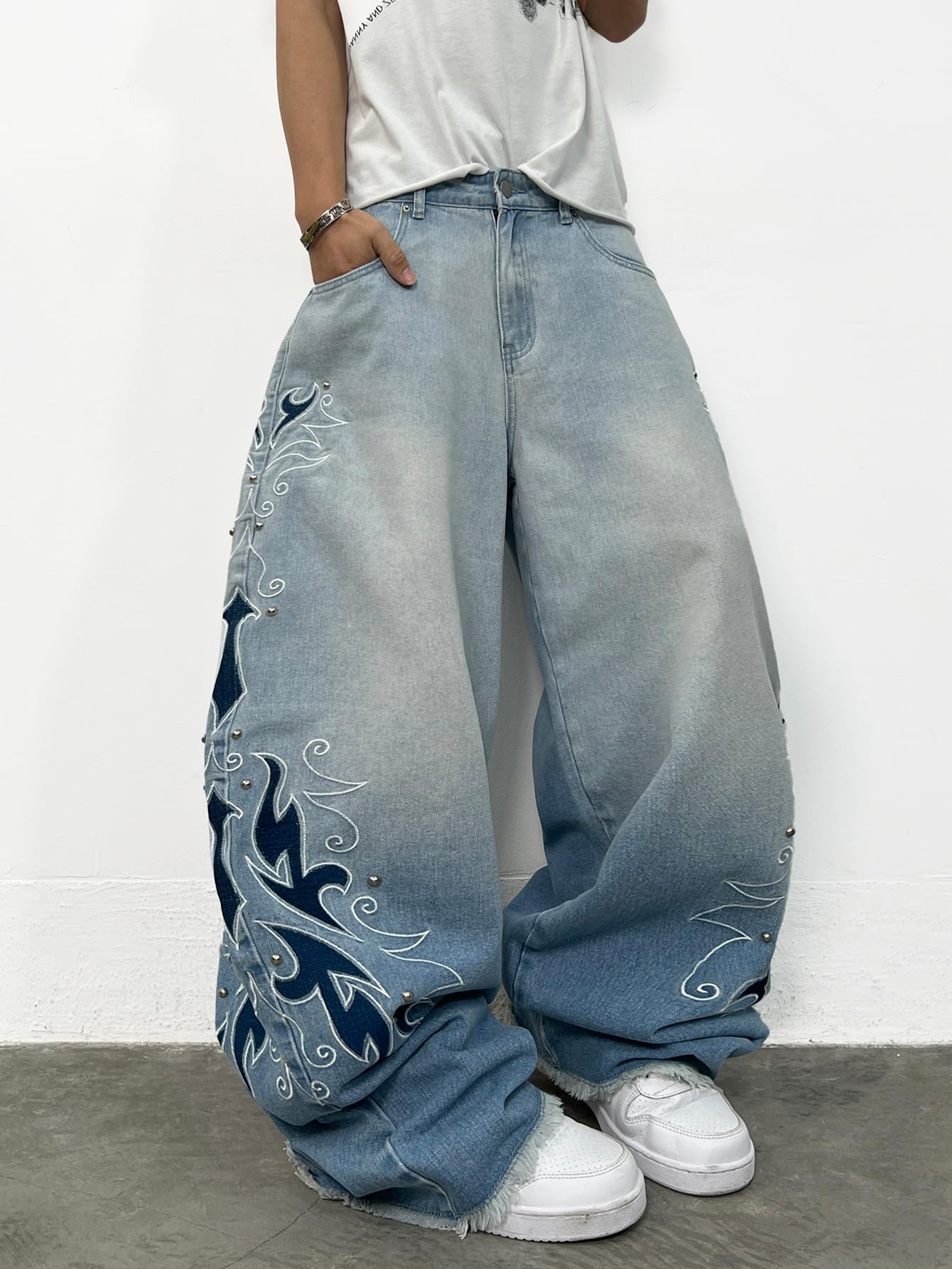 Jeans Baggy Bordados con Piernas Anchas para Hombre, Corte Casual, Estilo 2000, Streetwear