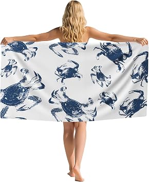Navy Blue Coastal Crab Beach Towel, Nautical Beach Crab Sand Beach Towels Gifts for Kids Girls, Ocean Beachy Themed Quick Dry Bath Pool Towels for Swimming Bathroom Spa Pool, 30x60 Inch