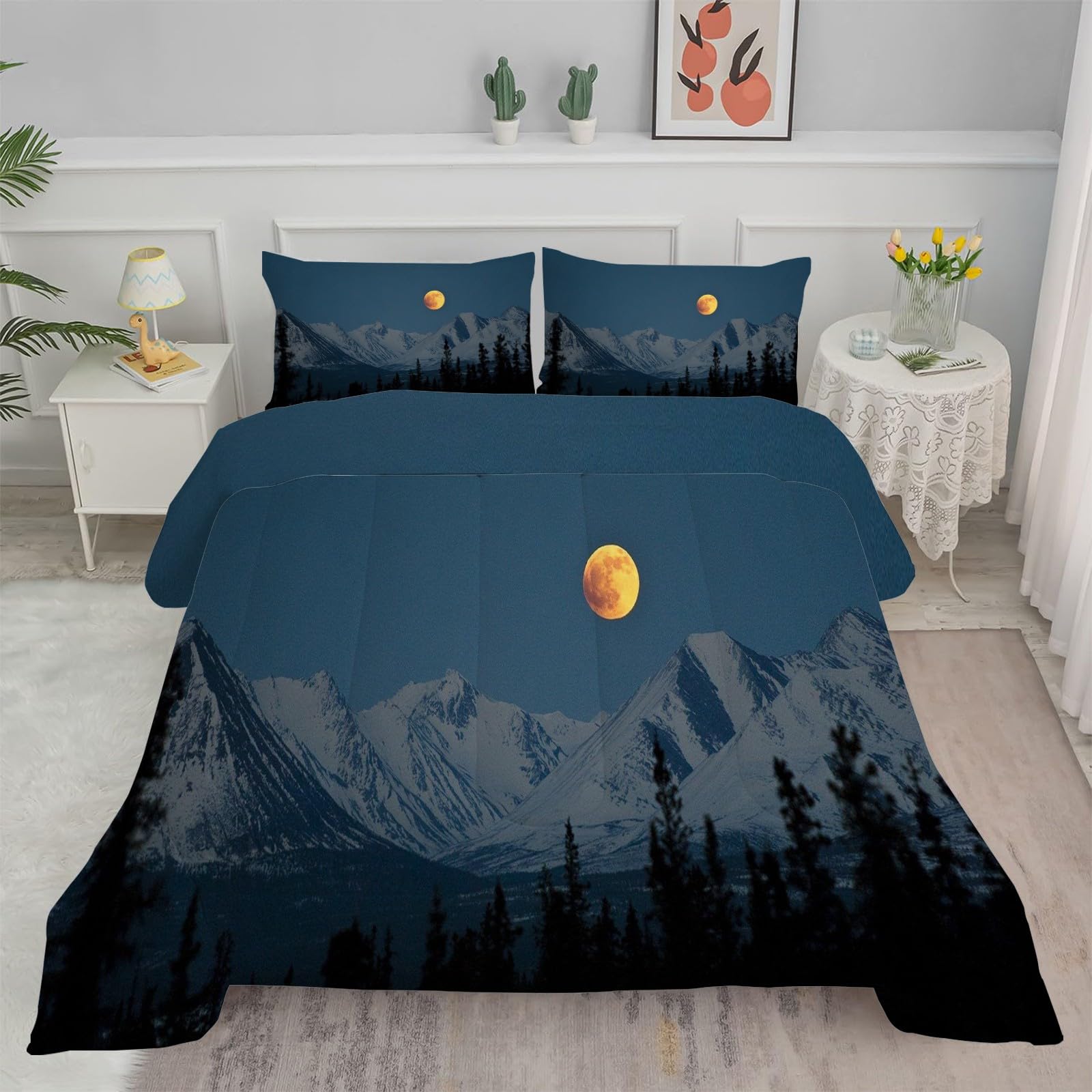 Moon Super King Duvet Coverless Duvet Bedding With Reversible Soft Duvet Quilt Comforter Set with 2 Shams Hypoallergenic and Machine Washable 260x220cm, Super King Size