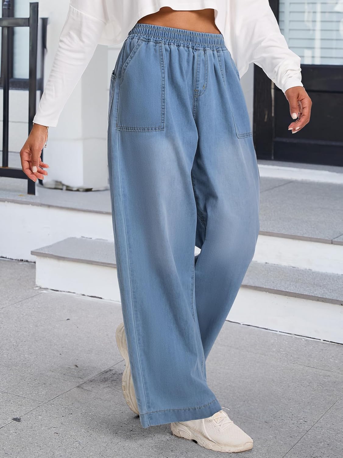 Wide Leg Baggy Jeans, Elastic Waist Jeans for Women Trendy Loose Pants - Image 2