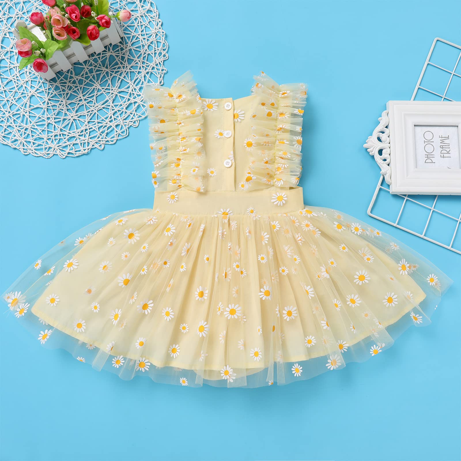 Toddler Baby Flower Girl Ruffle Sleeve Romper Dress Polka Dot Tulle Dresses Shiny Sequins Pageant Princess Wedding Prom Dress Christening Baptism Easter Birthday Dresses Yellow 18-24 Months