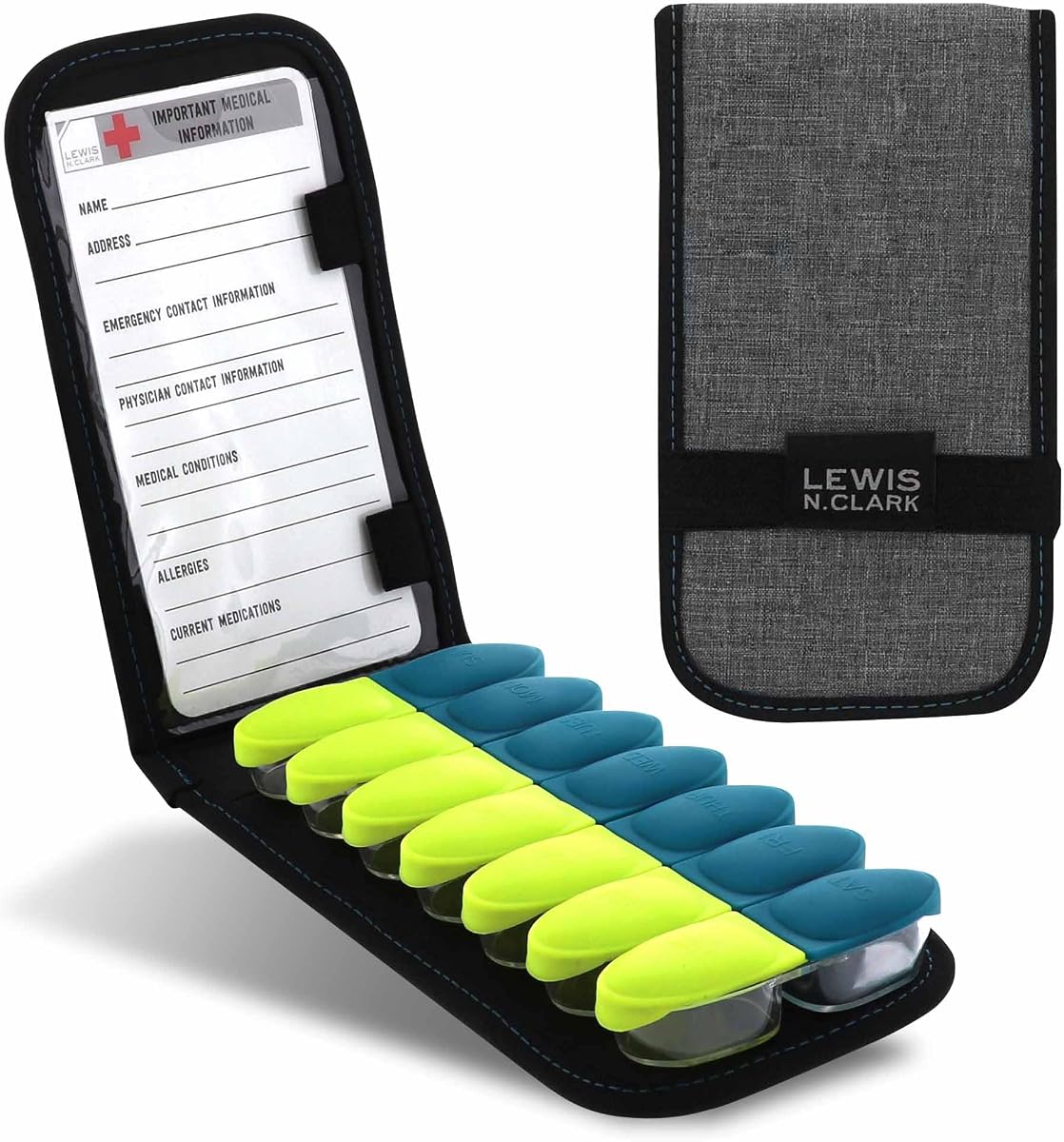 Magnetic Folding Pill Organizer Supplement Case for OTC Medicine, Prescription Vitamins - 14 Slots, Gray/Black (B779)