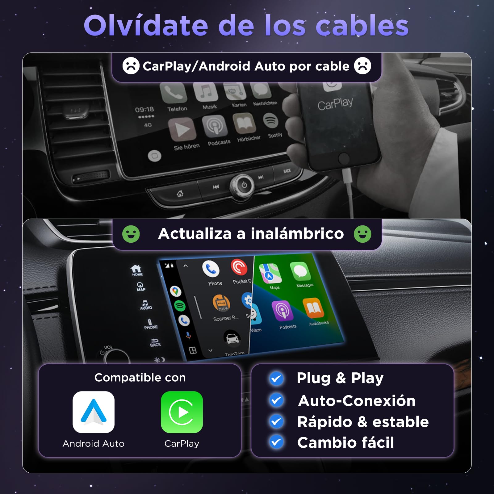 MSXTTLY Adaptador CarPlay Inalámbrico Android Auto - U2AC-01 Convierte CarPlay y Android Auto con Cable en inalámbrico, Compatible con iPhone 12–17 Pro MAX & Android 11+, USB-C/A, Negro