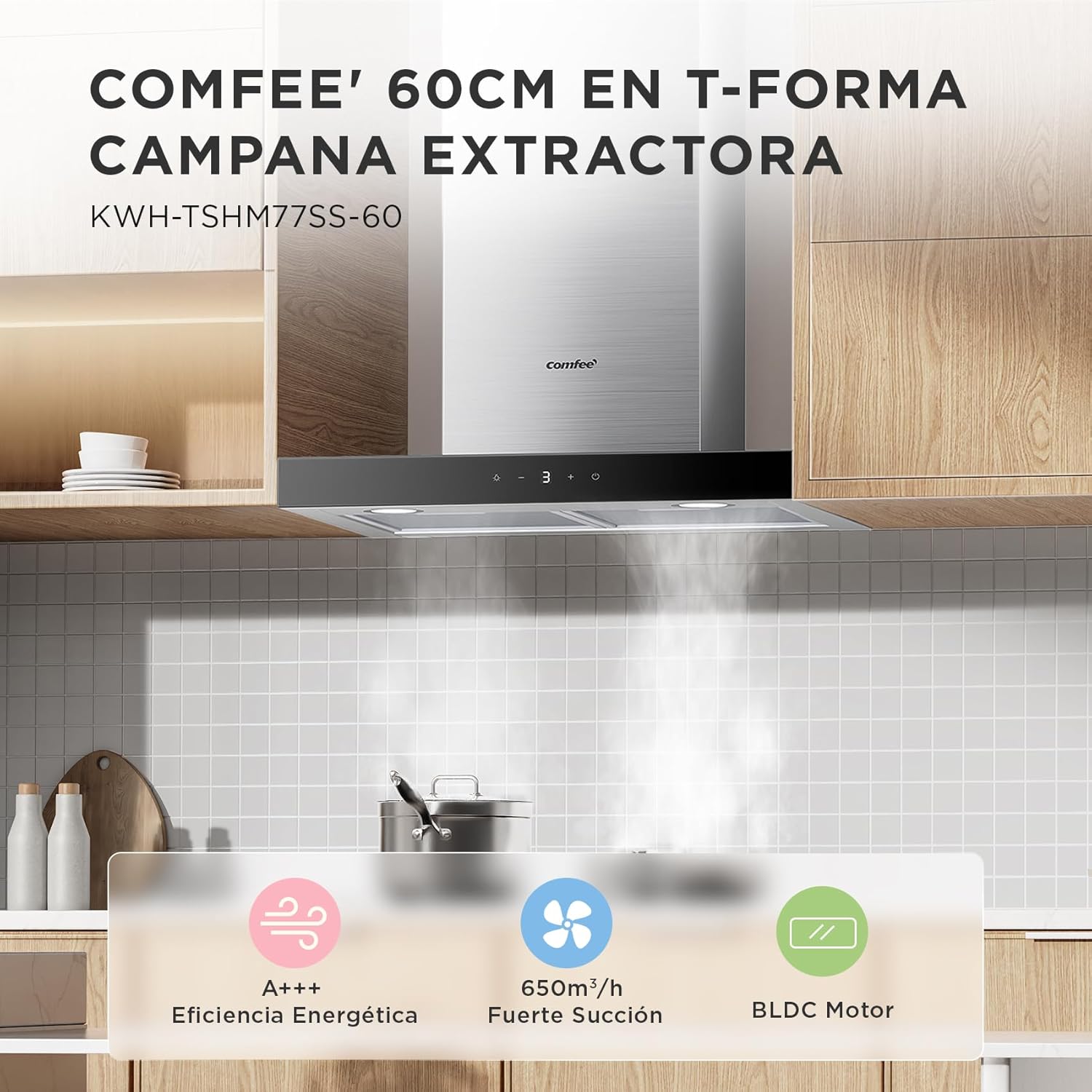 COMFEE' TSHM77SS-60 Campana extractora 60 cm Clase A+++ Campana extractora de acero inoxidable 650 m³/h con LED, sistema de recirculación y canalización y filtros de carbón