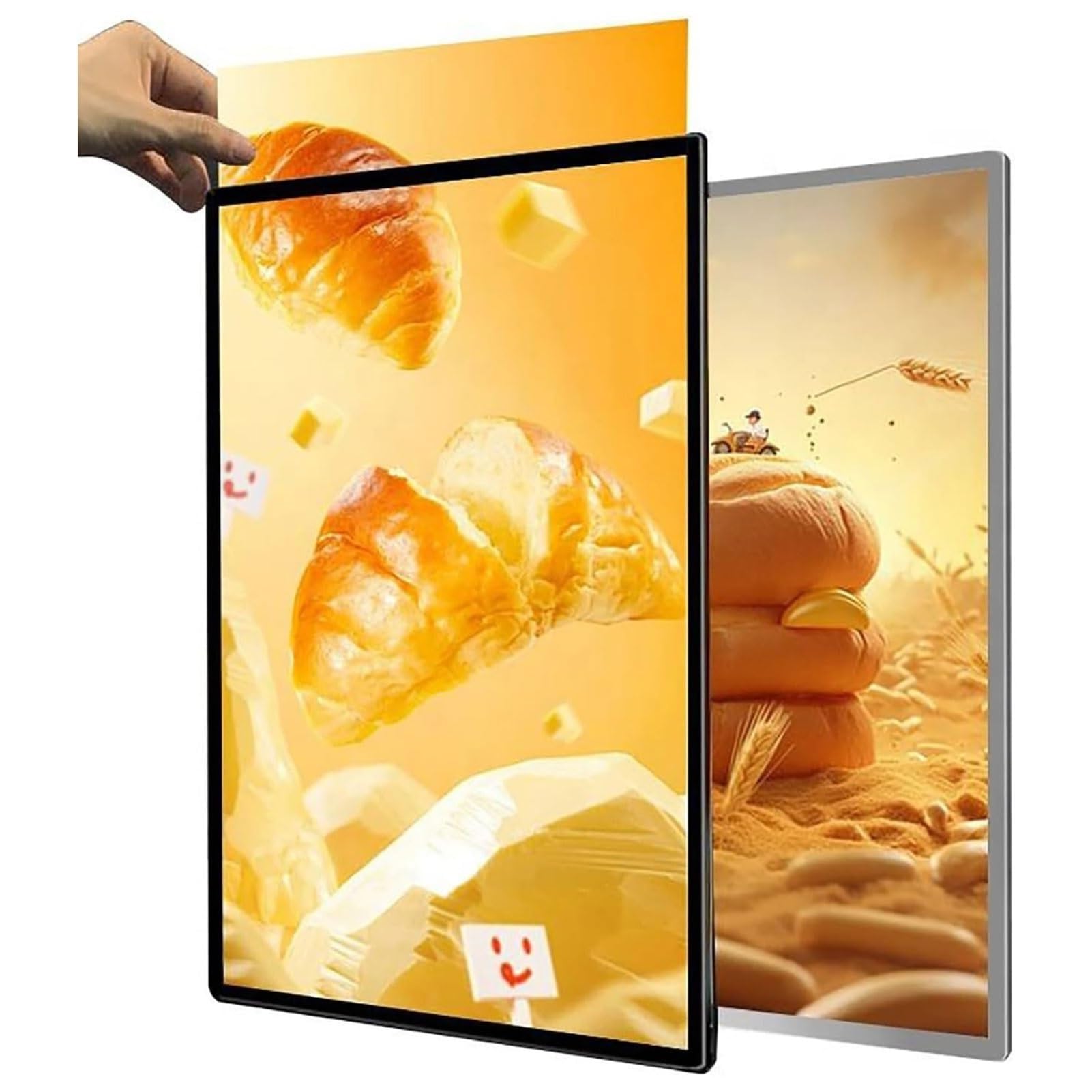 Menù illuminato in vetro temperato ultrasottile, pannello luminoso a LED, cornice for esposizione pubblicitaria da parete, bordi argento/neri, for ristoranti, bar, negozi(Black,A4)