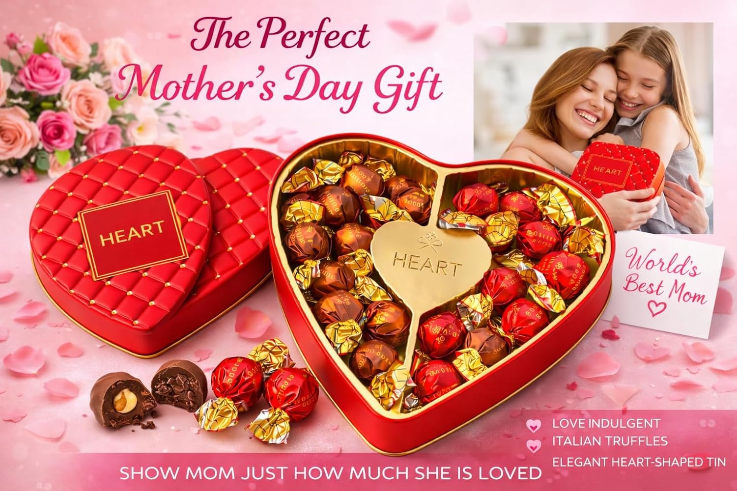 Premium Italian Chocolate Truffles Gift Box - Heart Shaped Valentine's Day Gourmet Assortment - Milk Chocolate Hazelnut & Dark Chocolate Luxury Collection - Anniversary Birthday Gift for Women Men