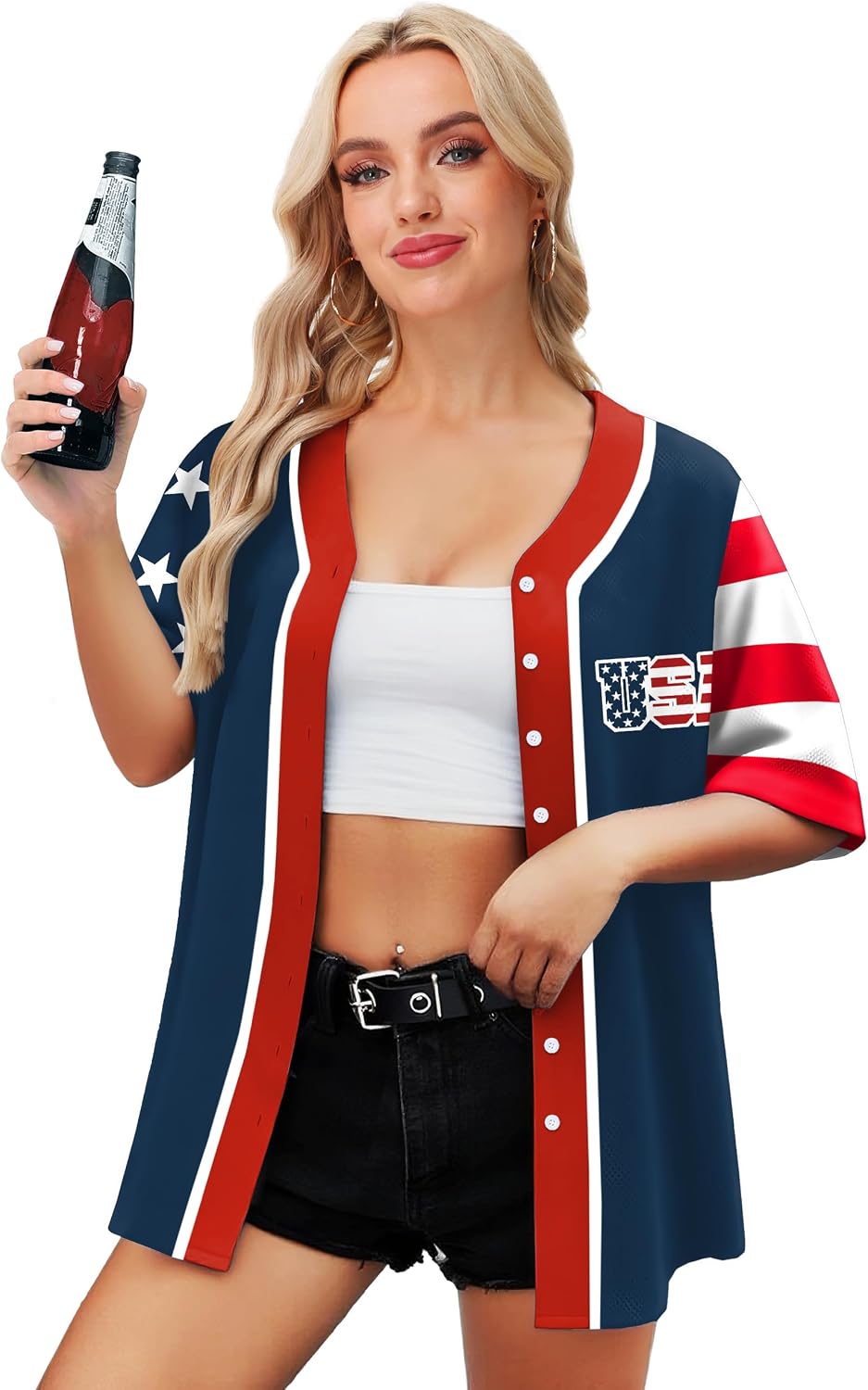 AOBUTE Men Women American Flag Baseball Jersey 4th of July Short Sleeve Shirts