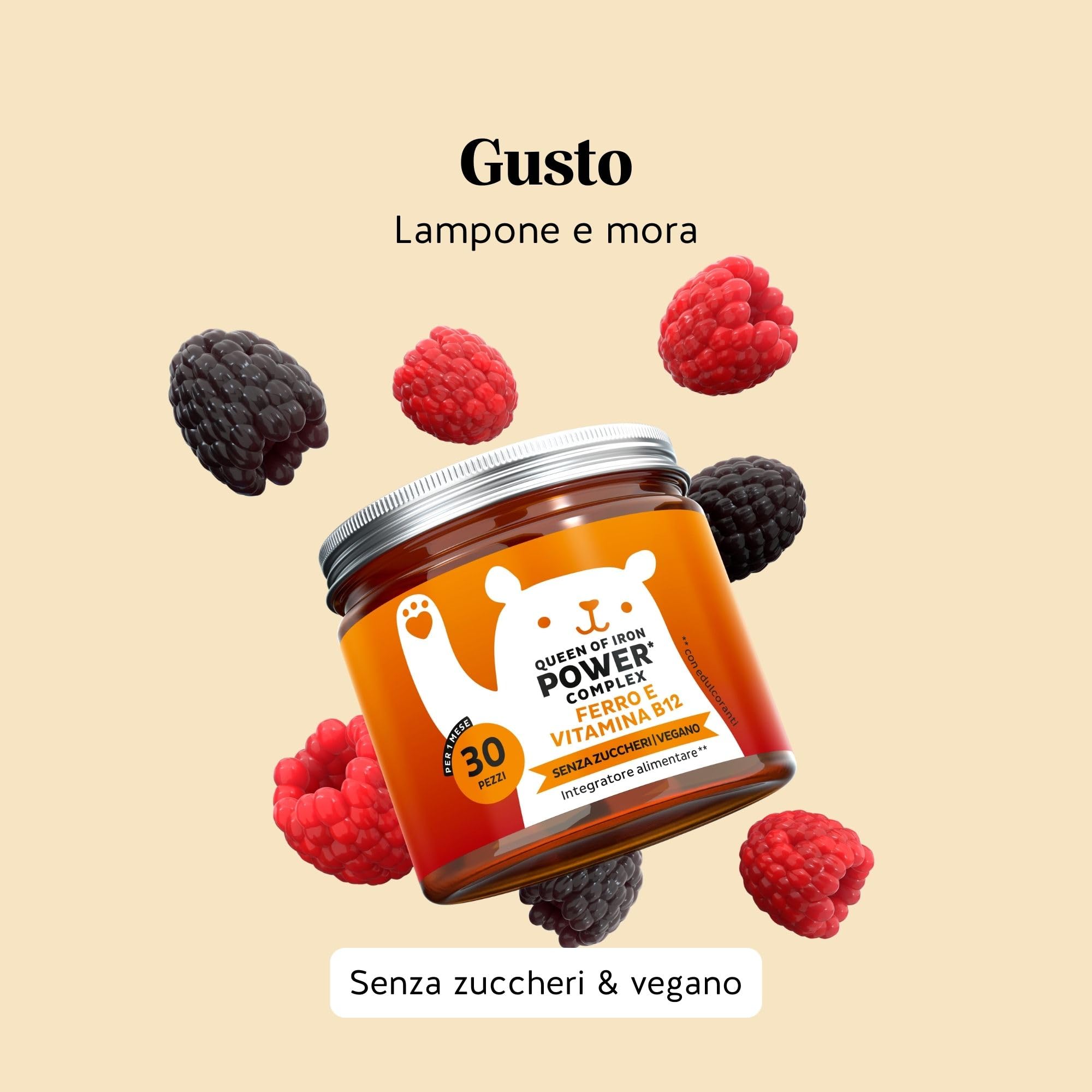 Queen of Iron Power Complex – Integratore Ferro – Difese Immunitarie Gummies – Altamente dosate con Vitamina B12, B1, B6, C, D, Iodio – 30 pezzi (1 mese) – Senza zucchero, Vegane – Bears with Benefits