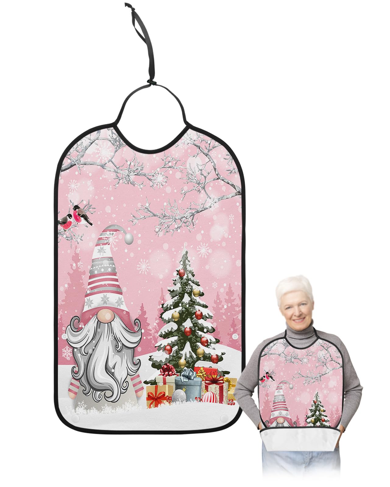 LEOKOTI Pink Gnomes Christmas Adult Bibs for Eating, Waterproof Bibs with Food Catcher & Adjustable Snap Closure, Xmas Tree Birds Winter Snowflake Washable Clothing Protectors Adult Bibs for Elderly