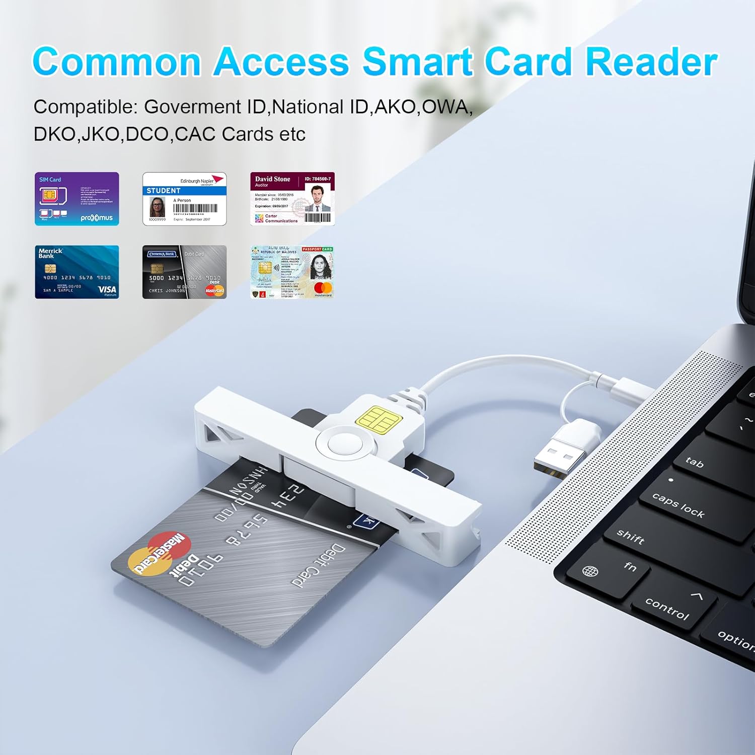 Rocketek CAC Card Reader with various smart cards like Government ID, National ID, and bank cards, illustrating its common access smart card reader functionality.