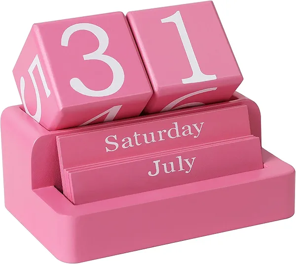 EASEYA Wooden Block Calendar for Desk, Daily Desktop Perpetual Desk Calendar, Modern Farmhouse Aesthetic Desk Accessories for Home Office Decor, Teacher, Classroom, Reusable Yearly, Pink