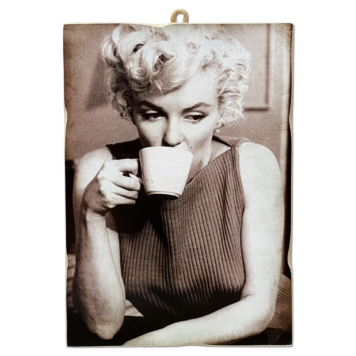 Kustom Art Brown Vintage Style Picture Painting Series Famous Actors Marilyn Monroe Drinking Coffee Print On Wood 25X18 Cm