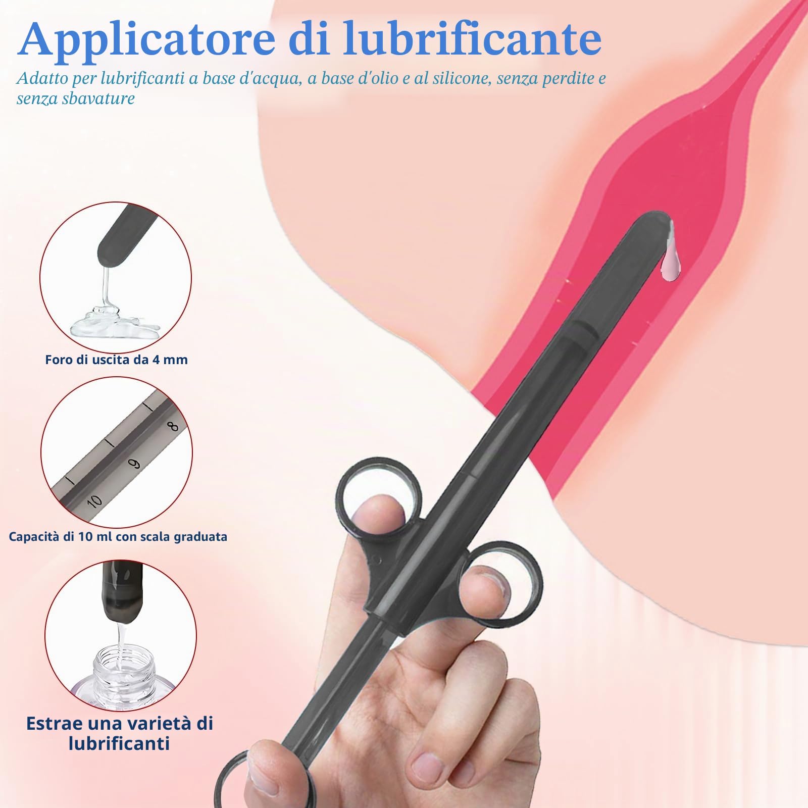Iniettori di lubrificante con bilancia precisa da 10 ml, lunghezza 16,5 cm, sparatutto con tappo in silicone impermeabile, applicatore lubrificante per uomini, donne e coppie
