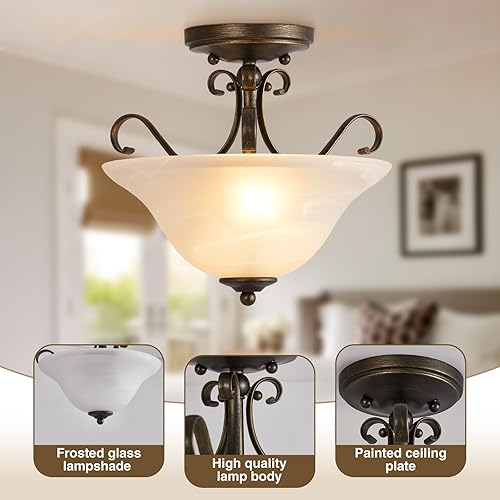 Miniatura 3 de Luvkczc Lámpara de techo semiempotrada, lámpara de techo de latón, lámpara de techo de mediados de siglo, moderna lámpara de cristal cerca del techo