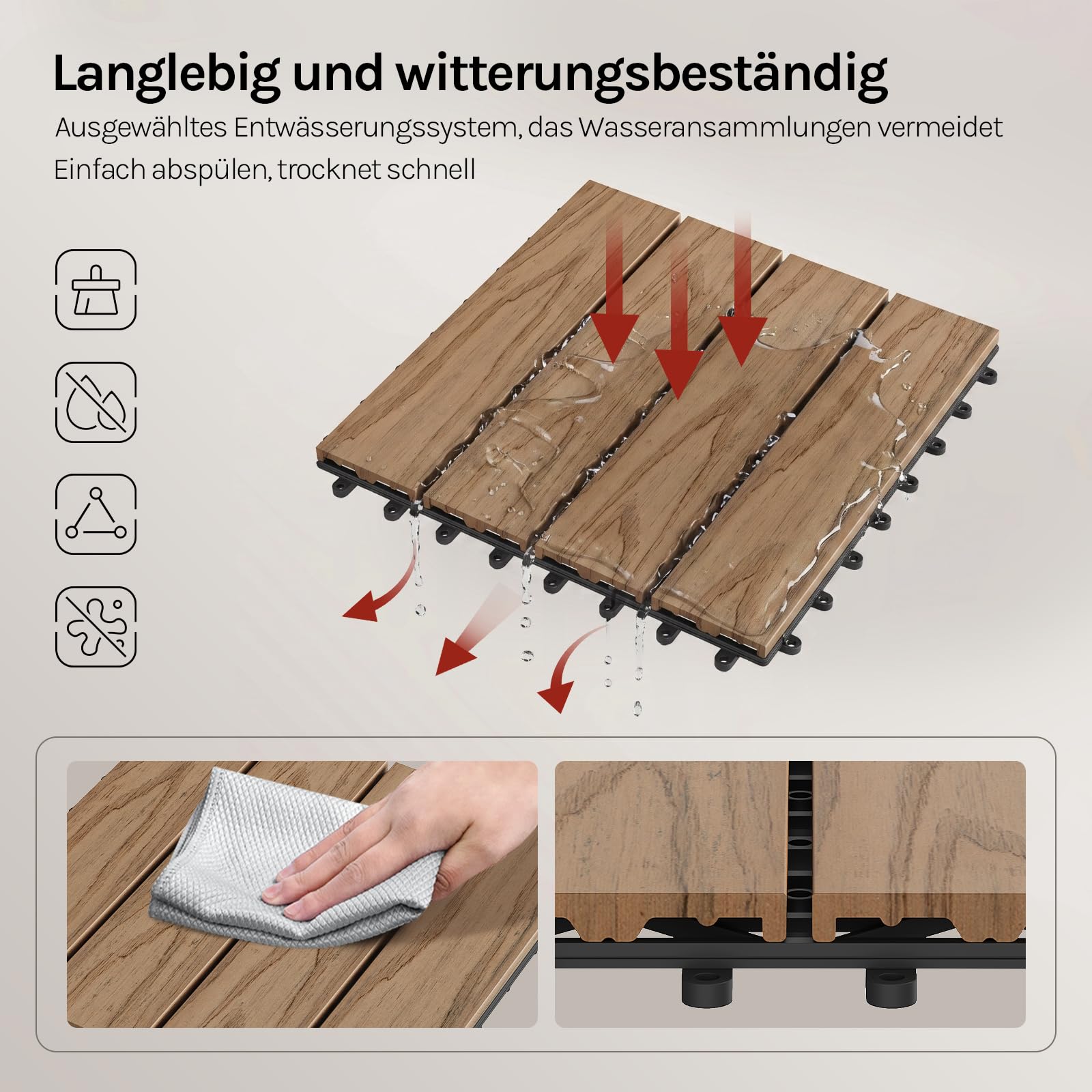 WOLTU 22 x Premium WPC Terrassenfliesen 30x30cm Holz Optik mit Relief, Balkonfliesen Garten Fliesen Bodenbelag Braun (2 m²)