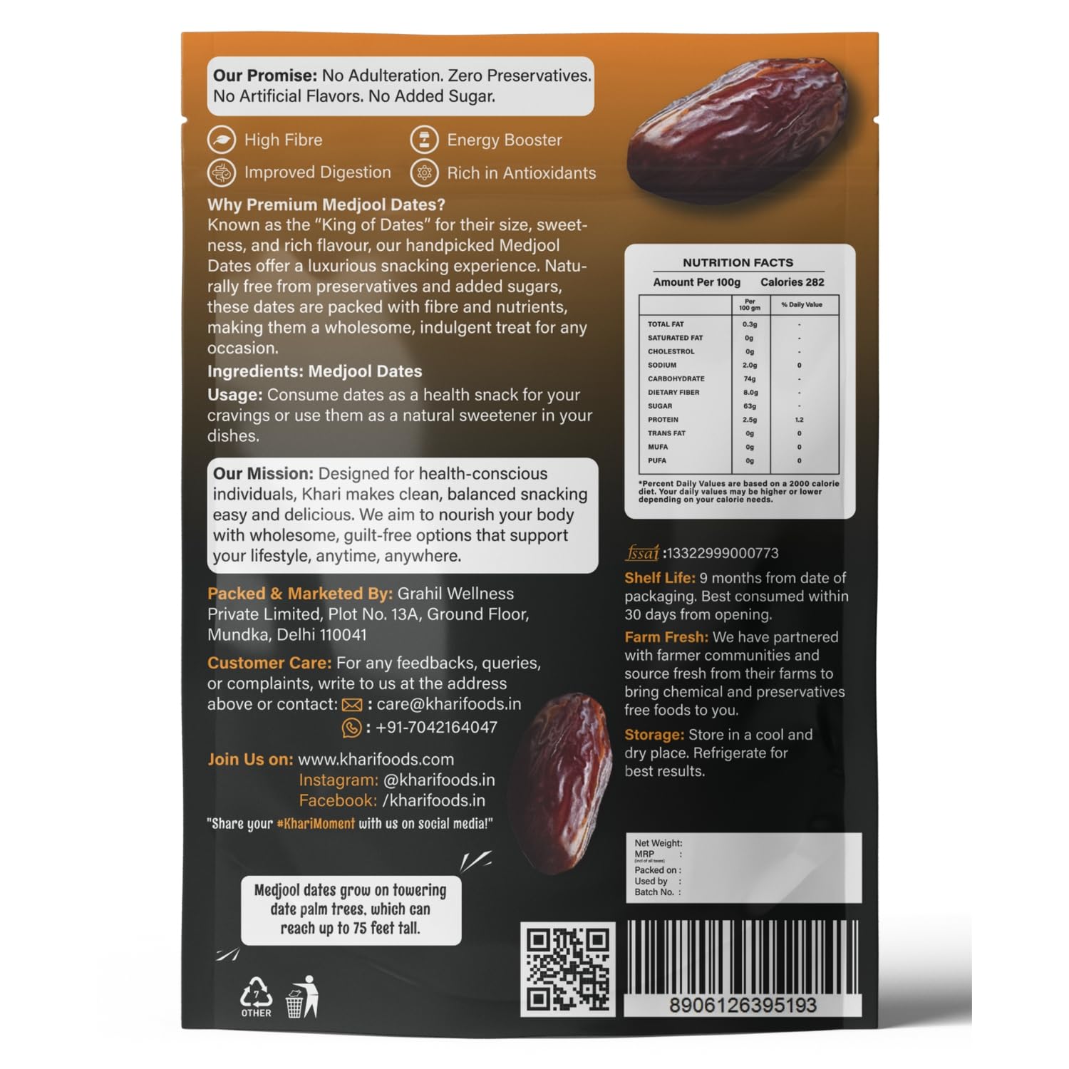 Khari Foods Premium Medjool Dates, Khajur/Khajoor Dry Fruits, High Fibre, Energy Booster, Natural Sweetener, No Added Sugar, No Preservatives, Healthy Snacks (1kg)