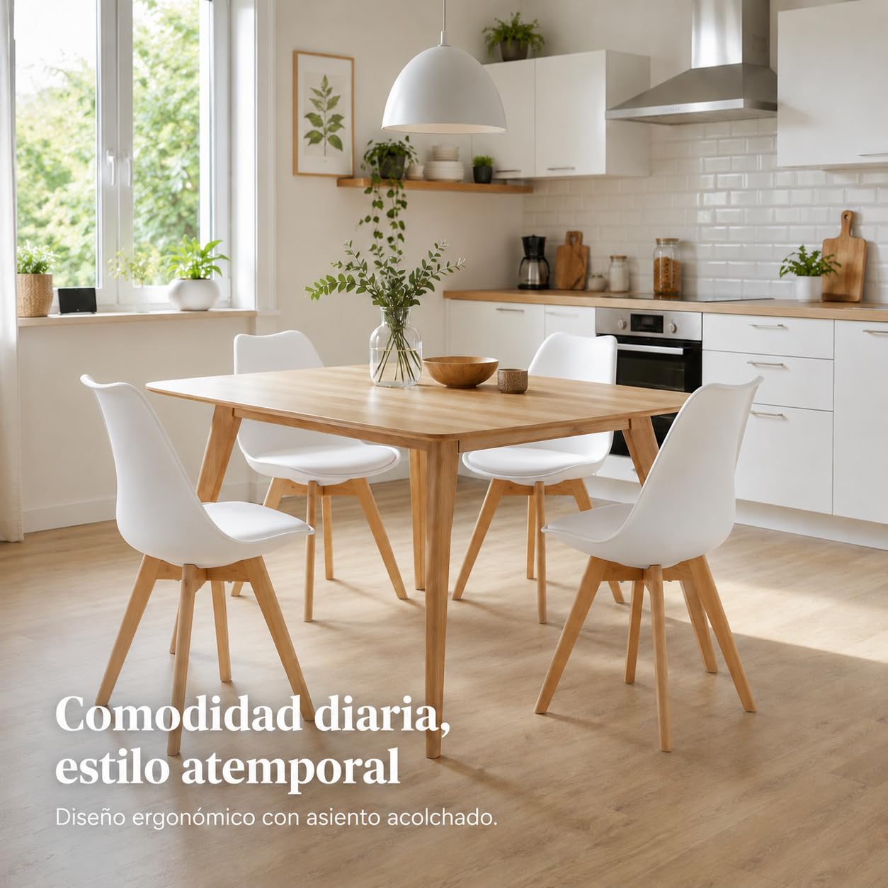 EGGREE Pack de 4 Sillas de Comedor Sillas Cocina Nórdico con Asiento Tapizado y Las piernas de Madera de Haya Maciza, Blanco