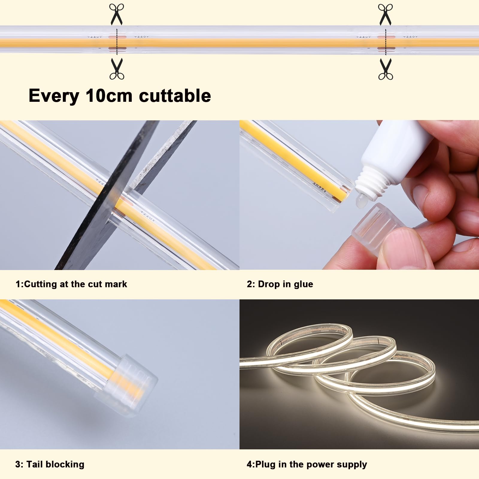 BENLUN Tira LED COB 230V Exterior Transparente Impermeable IP67 20 Metros | 4000K Blanco Natural Luces de LED 220V 10W/m CRI 90+ Flexible para Habitacion Techo, Iluminación Decorativa, Patio, Jardín