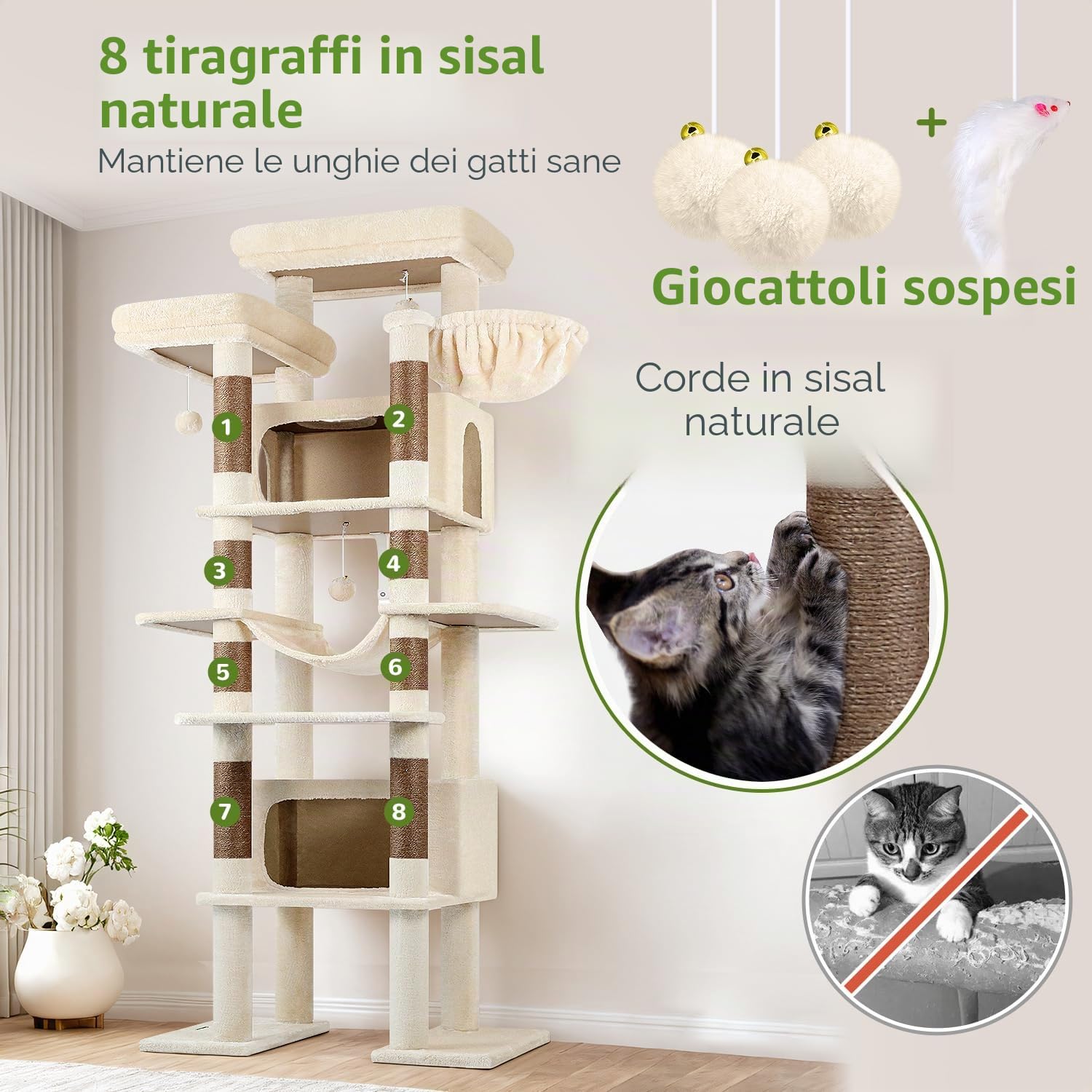 Globlazer Tiragraffi per Gatti Beige XXL, Albero Gatti Alto 213 cm con 2 Grandi Grotte 50*30*30CM, Grande Piattaforma, Trespoli, Amaca, Torre del Gatto Stabile per Grandi Gatto Adulti (F83B, Beige)