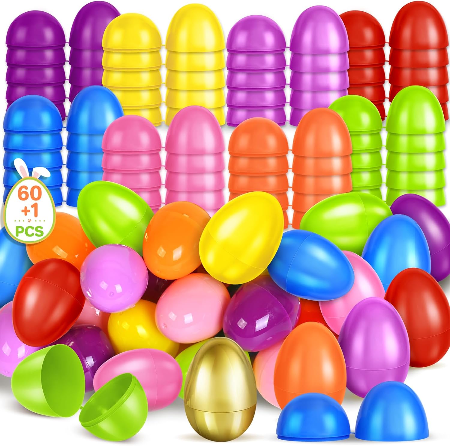 SpringFlower 61 PCS Plastic Easter Eggs Bulk, 60 Empty Plastic Easter Eggs Plus 1 Golden Egg, Ideal for Easter Basket Essentials, Easter Egg Fillers, Easter Party Favors, Easter Egg Hunt