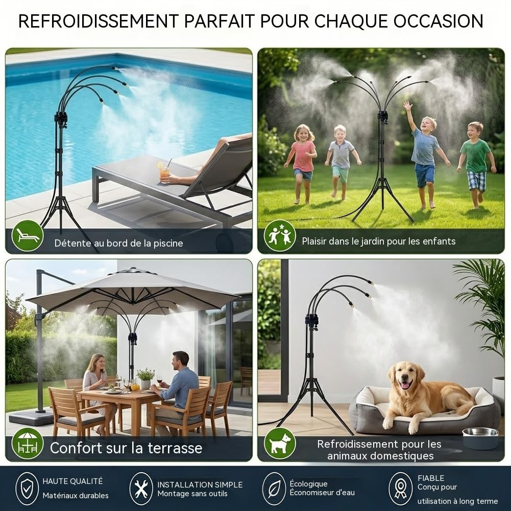 Brumisateur sur Pied - Système de Brumisateurs Debout pour Terrasse Extérieure Réglable, Brumisateur Portable avec Tuyau de 8 m et 4 Buses de Brumisation pour Jouer à la Brume, Jardin (1 Kit)