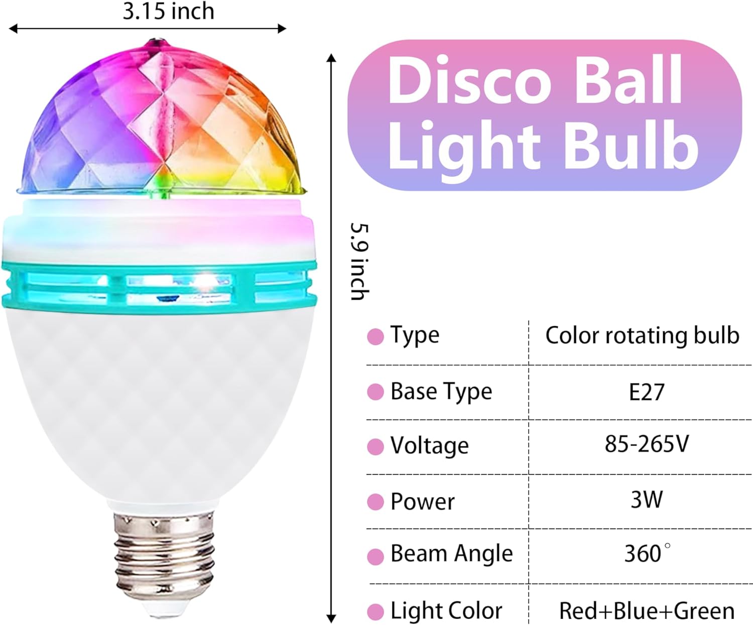 Disco Ball Light Bulb, 3w E27 RGB Color Rotating Bulb Led Party Bulbs, Magic Ball Light for for Disco, Holiday, Birthday, Club, Halloween, Christmas, Bar, Indoor & Outdoor(2 Pack)