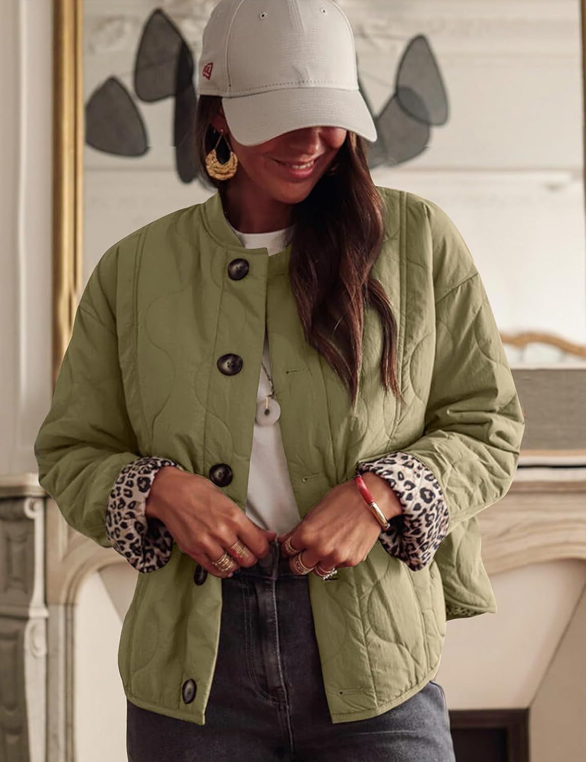 PEHMEA Women's Quilted Lightweight Jackets, Button Down Casual Coat Leopard Lining Bomber Outerwear with Pockets - Image 7