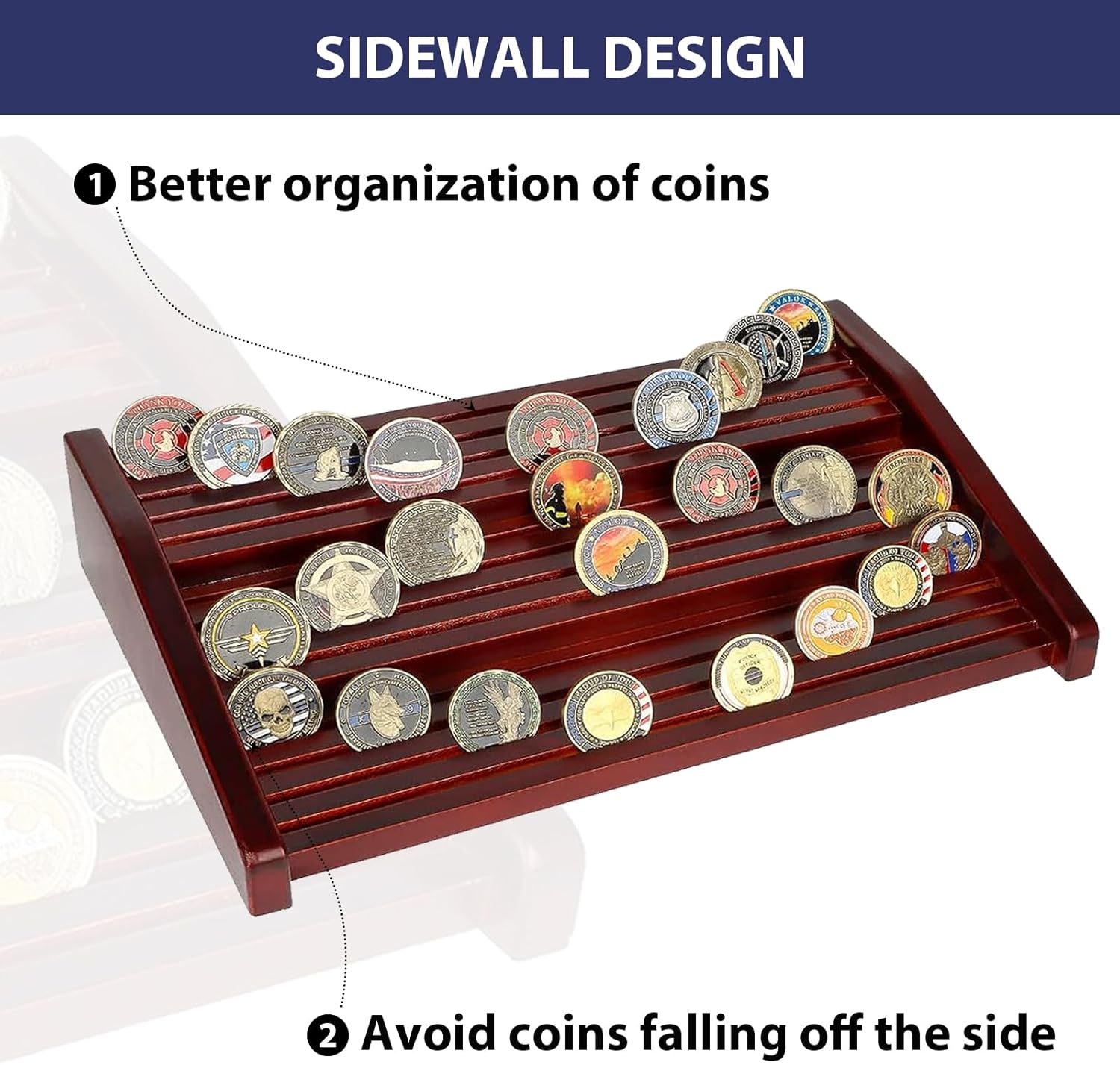 Challenge Coin Holder Display Case - 3 Tiers Solid Wood Military Coin Rack for 80-100 Coins, Army Coin Stand for Desk Display, Mahogany