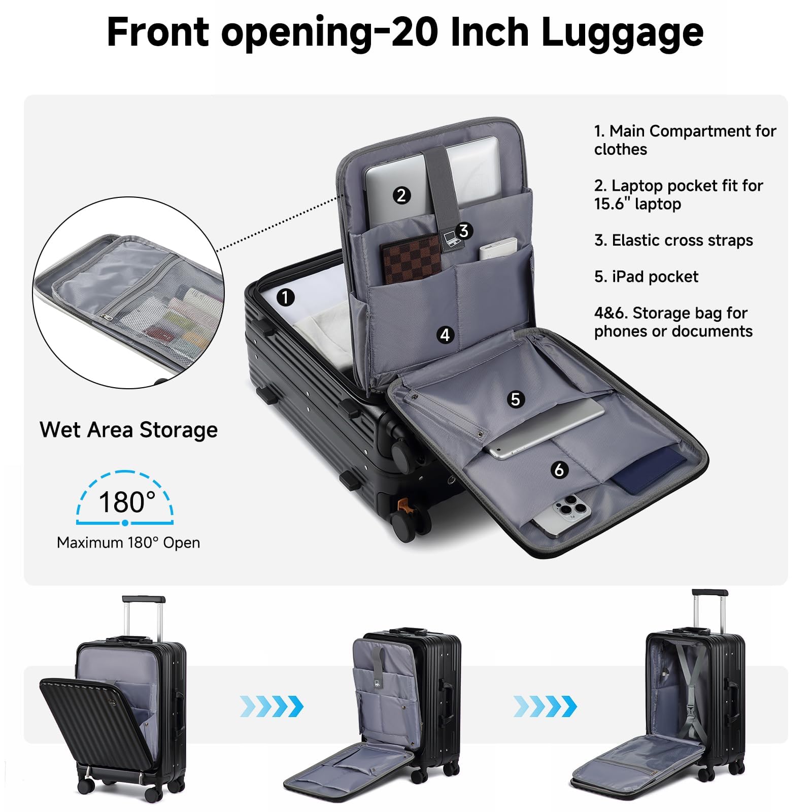 Sea choice Valigia Bagaglio a Mano con Tasca Frontale per Laptop 20" PC Valigia Trolley Porta con USB, 4 Rotelle con lucchetto TSA, Porta bicchieri