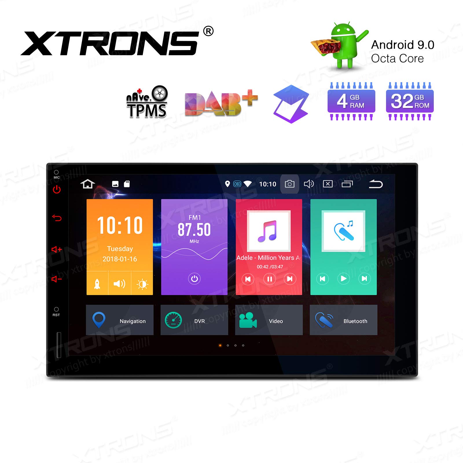 XTRONS Android 9.0 Car Stereo Radio Player Universal Double Din GPS Navigator Octa Core 4G RAM 32G ROM 7 Inch Multi-Touch Screen Head Unit Supports Screen Mirroring Backup Camera OBD2 WiFi DVR TPMS