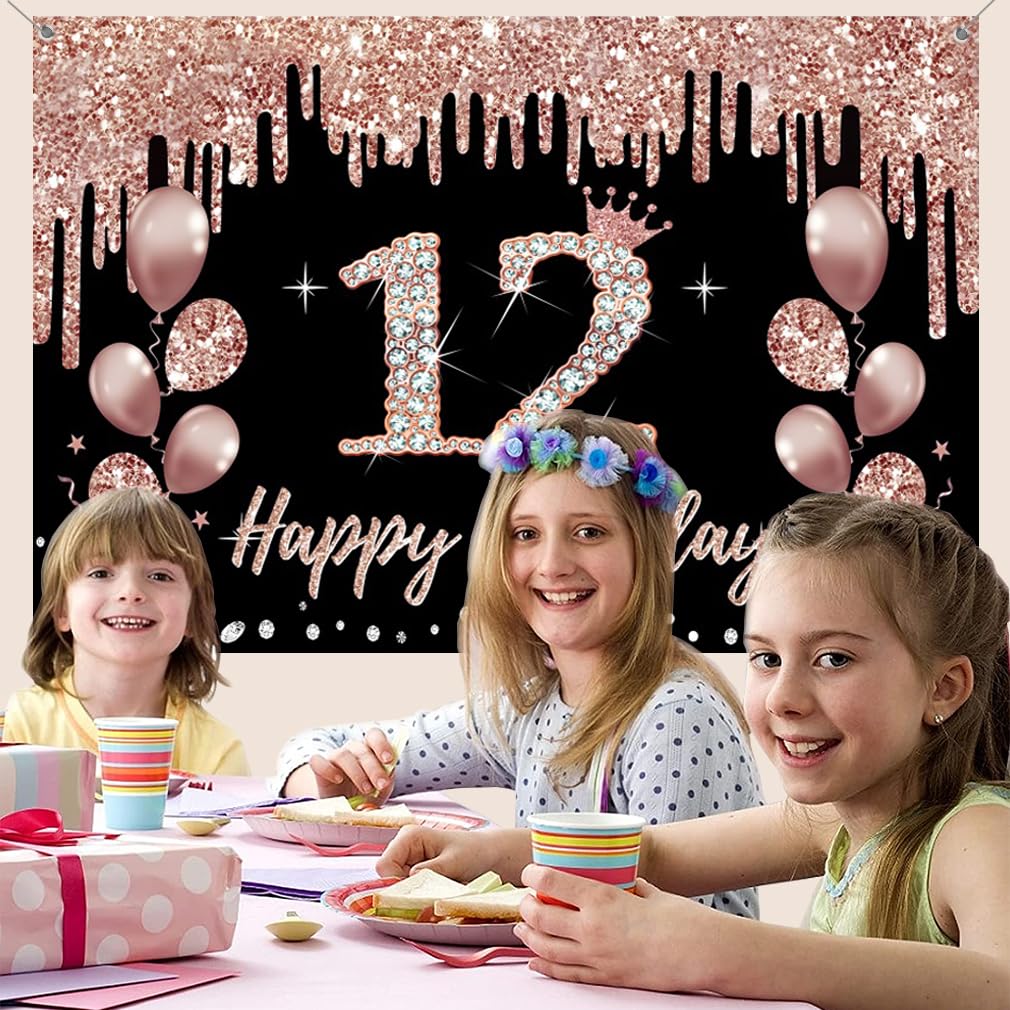 Bannière Joyeux Anniversaire Pailletée Noir Et Rose - Décoration Fille, Pré-Enfilée