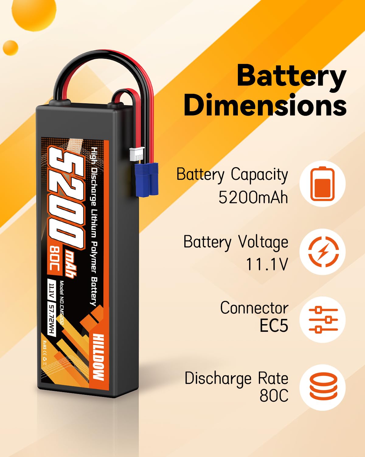 Hilldow 5200mAh 11.1V RC Battery 80C 3S Lipo Battery with EC5 Hard Case for RC Vehicles Car Buggy Truggy Airplane Drone((2 Paquetes)