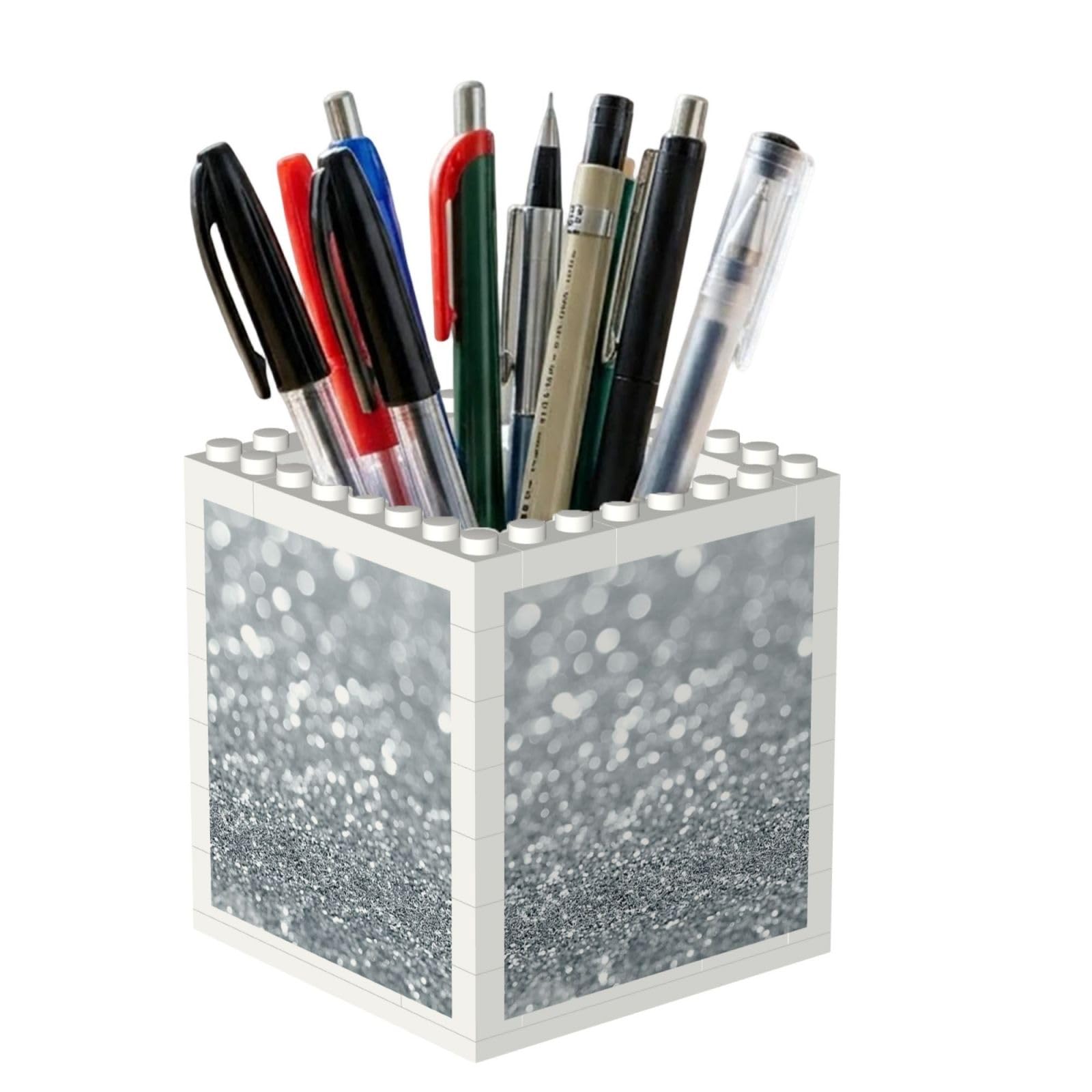 Poadnly White Silver Glitter Bokeh Glam Trendy Sparkle, Pen Pot Pencil Holder for Office Home School, Compact Desk Organiser for Office Stationery