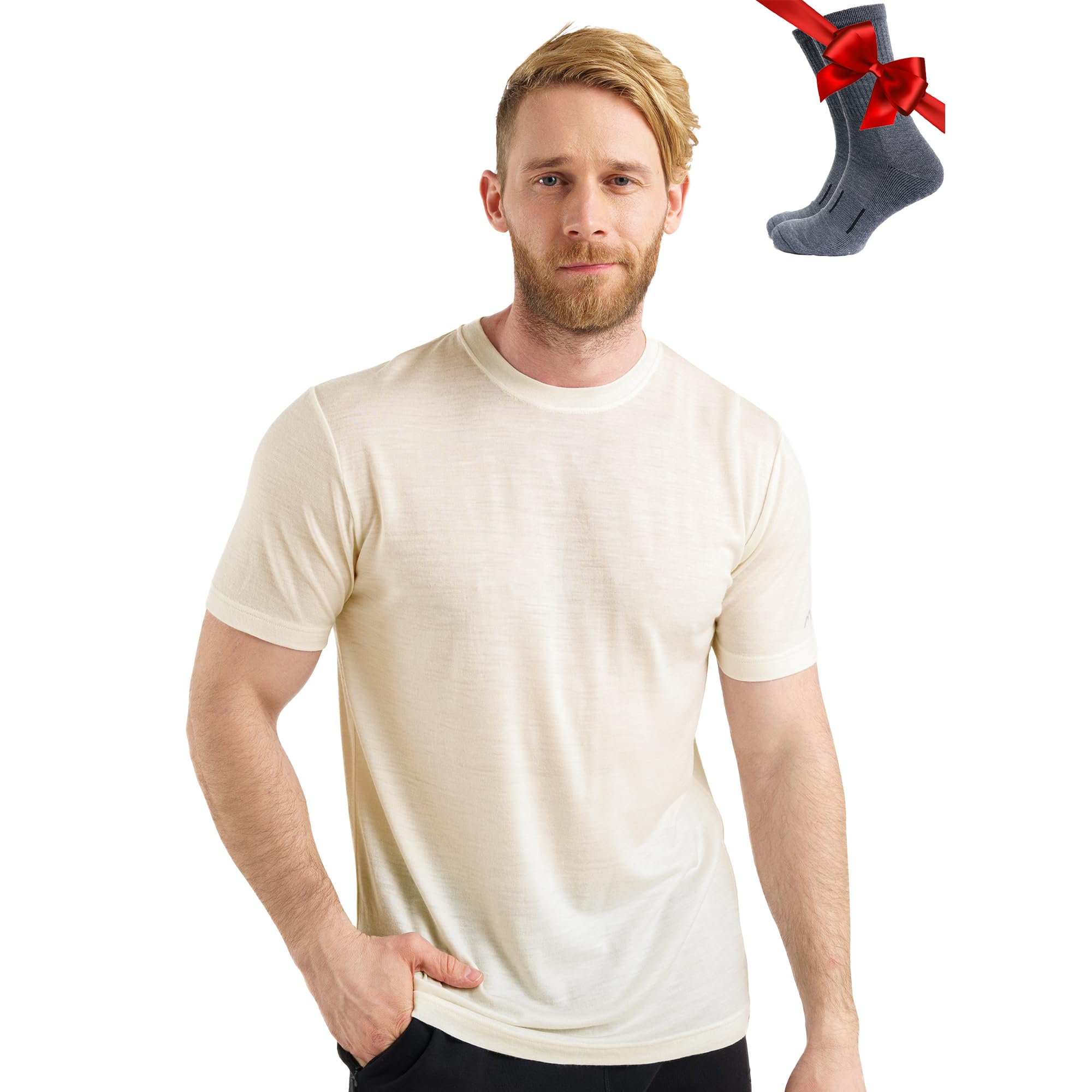 100% Merino Wool T-Shirt Men - Base Layer Top Undershirt with Hiking Socks