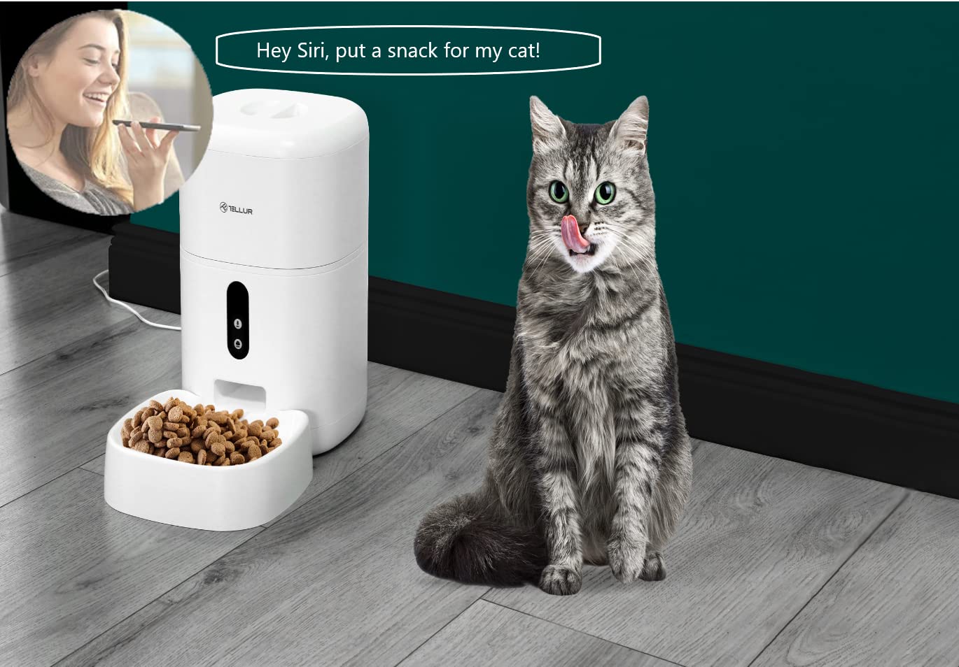 TELLUR SMART Comedero Automático para Gatos y Perros,WiFi, UHD 2K Cámara,Dispensador de Comida Control Remoto, Compatible Alexa y Google, 10s Grabación de Voz, Tiempo de Comida y Porciones Programable
