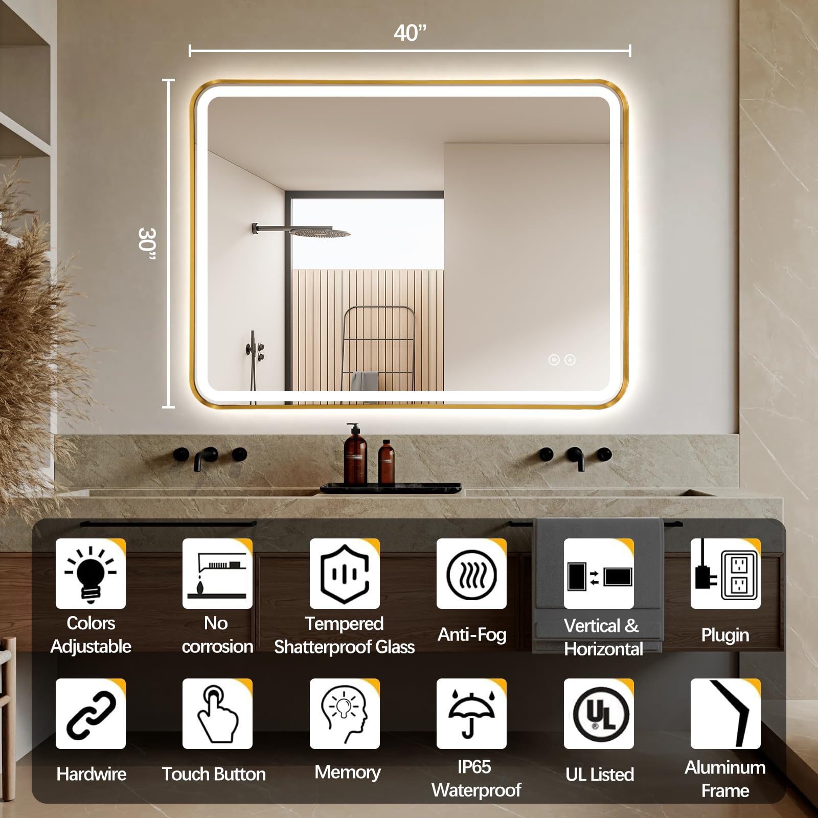 TheiaMo Rectangle LED Bathroom Mirror, 40