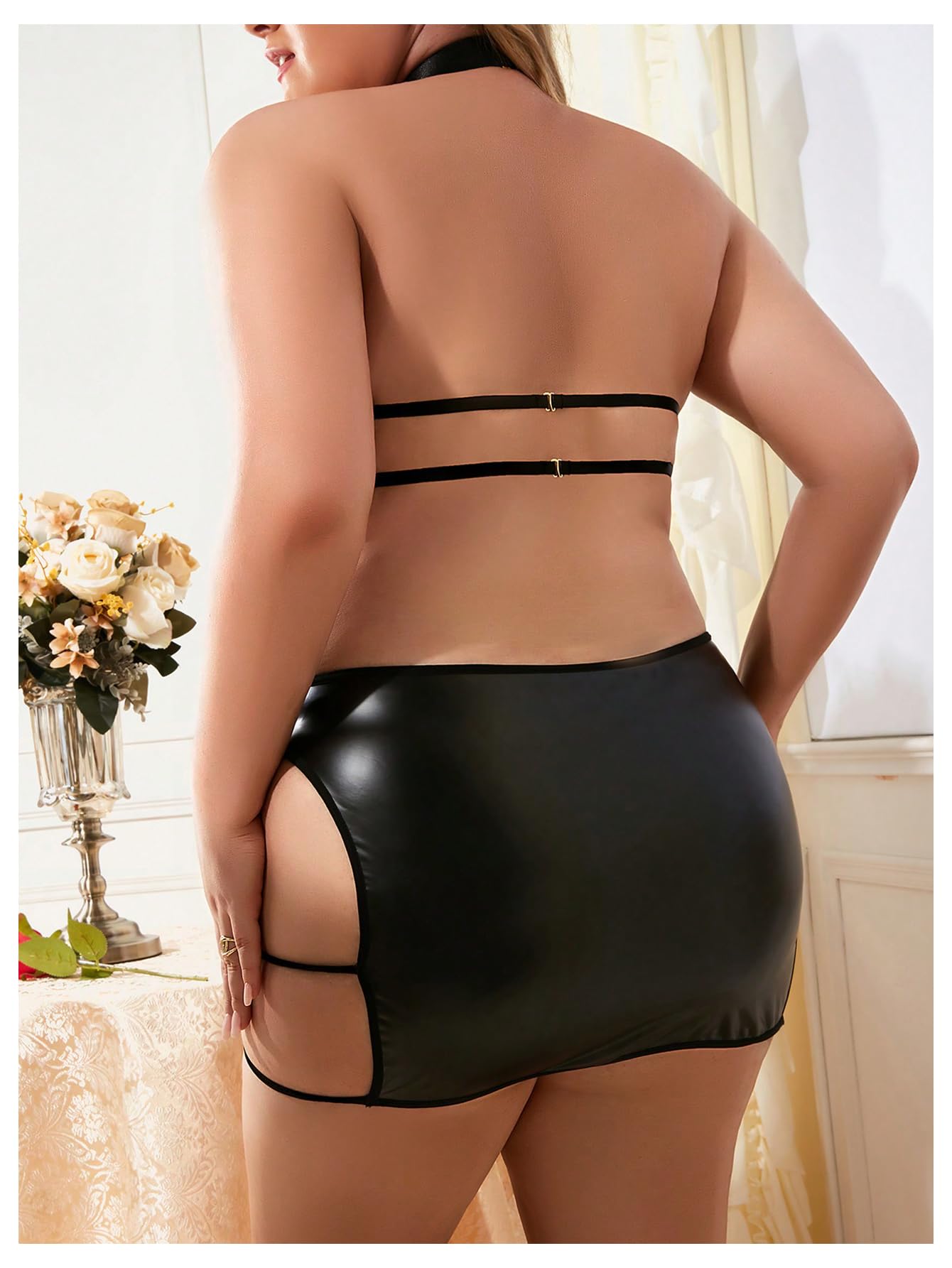 WDIRARA Women's Plus Size Cut Out Ring Backless PU Leather Halter Lingerie Dress
