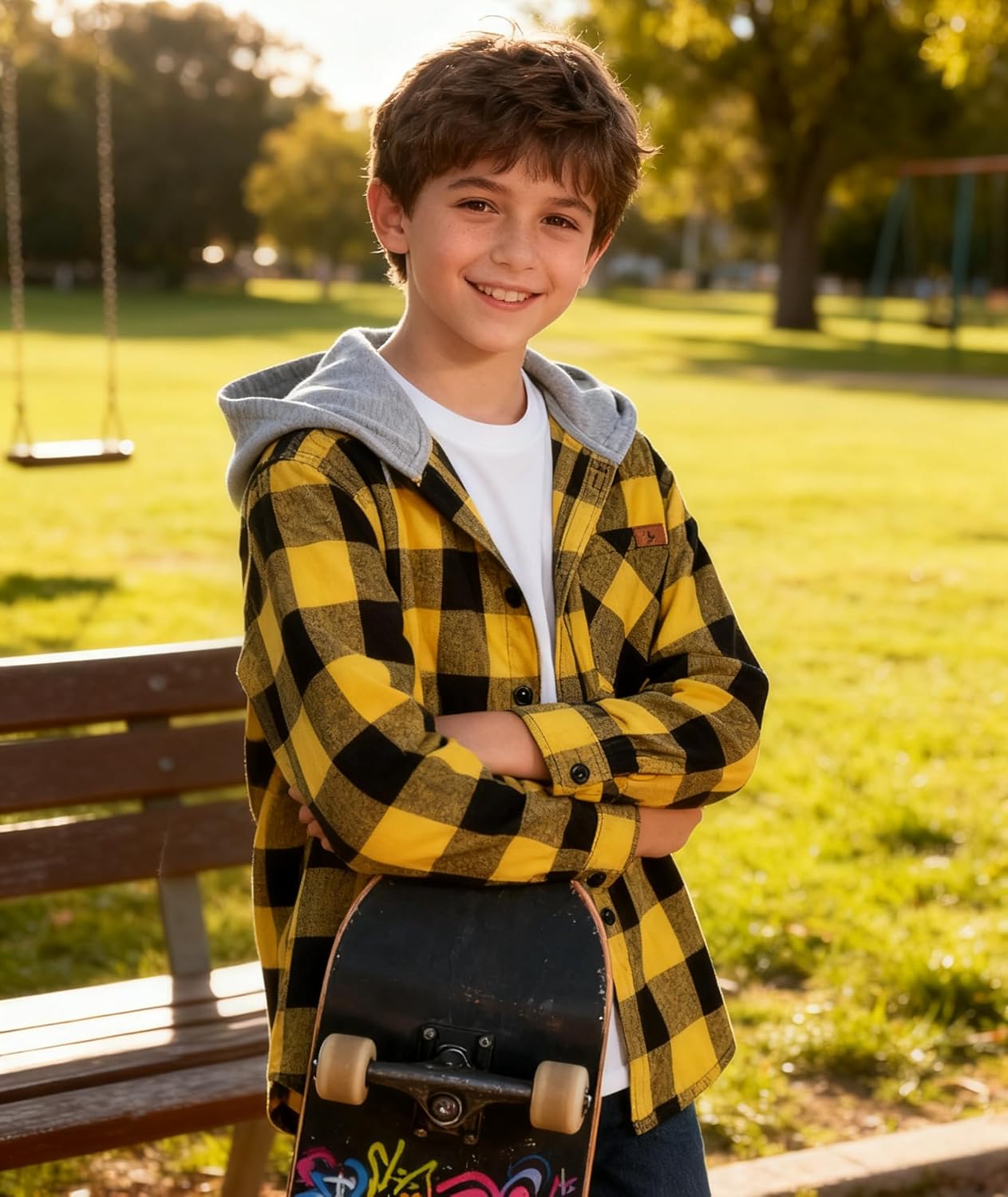 Boys Plaid Flannel Shirts Unisex Kids Long Sleeve Casual Button Down Shirt with Hood - Image 2