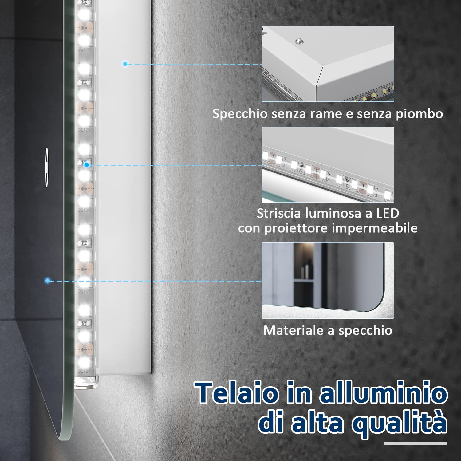 SONNI Specchio Retroilluminato Bagno a LED,Specchio da Parete Moderno da Luce Bianco IP44 Impermeabile Risparmio Energetico (80x60 cm)