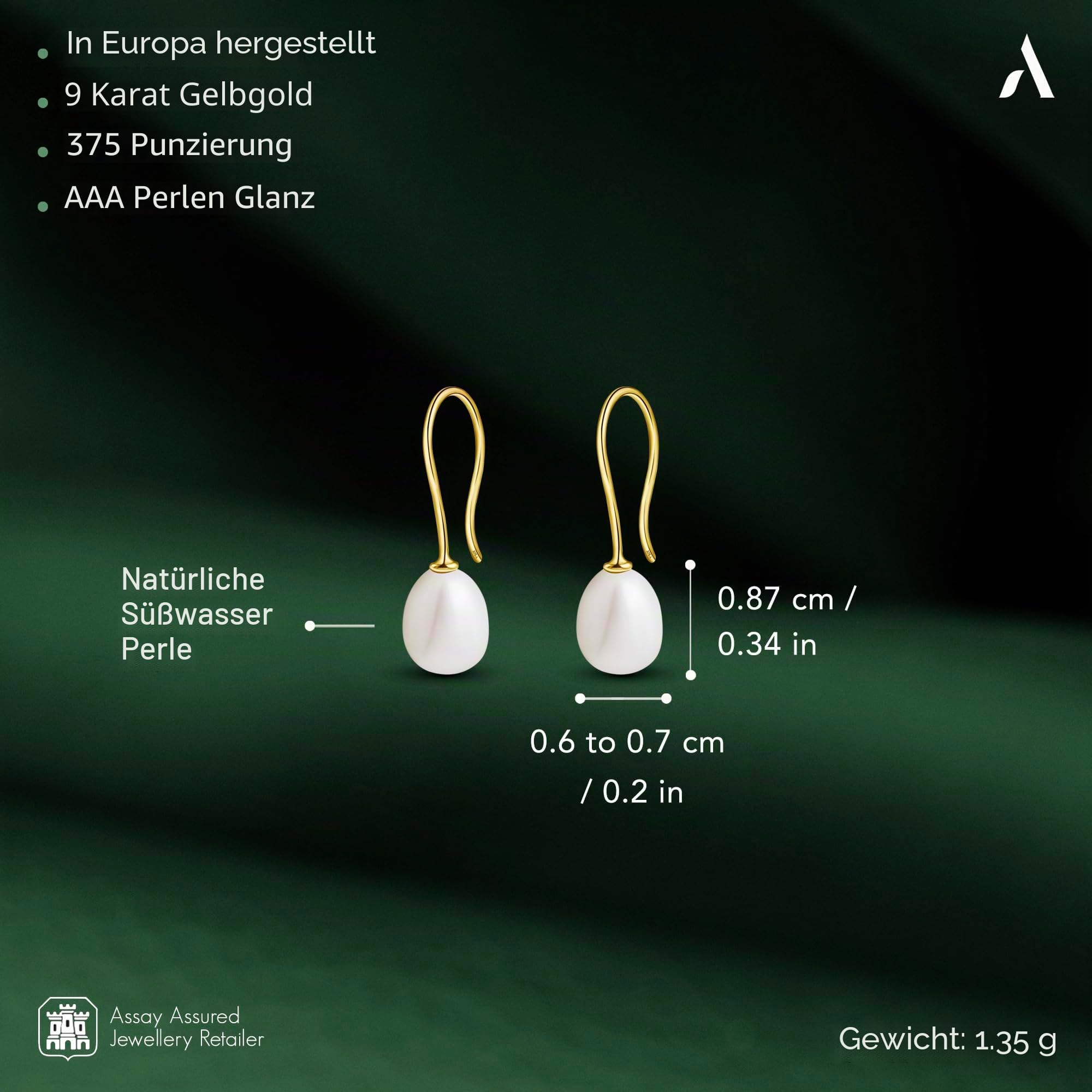 Amberta Allure Damen Ohrhänger mit Perle aus 9K Gold