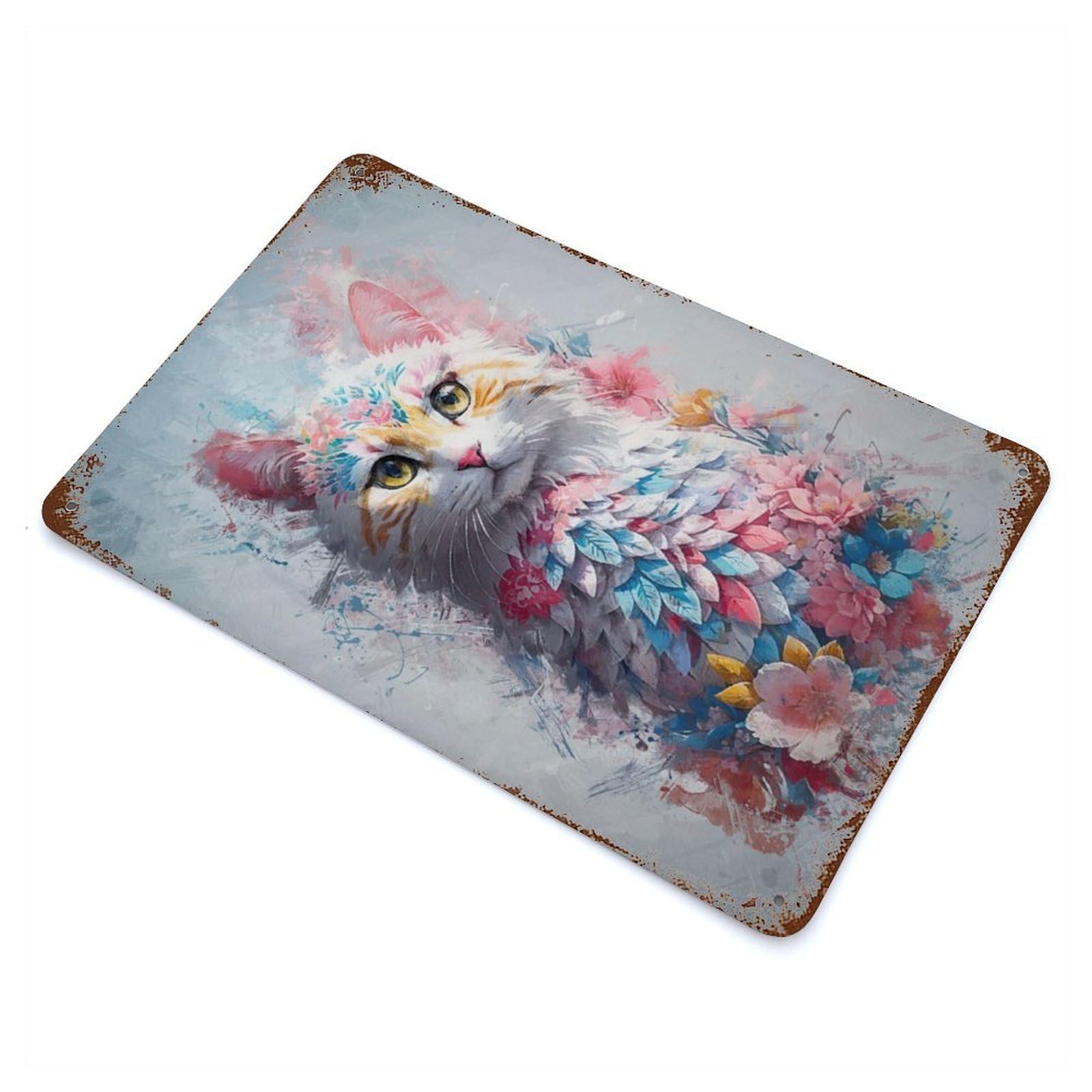 Colorful Cat Fantasy Rust Effect Tin Sign 11.8"x7.9", Farmhouse Wall Decor for Living Room, Hallway And Home Decor